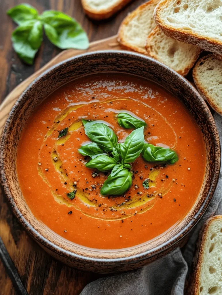 Creamy Tomato Basil Soup is a perfect blend of sweet and tangy flavors, highlighted by the freshness of basil. The tomatoes provide a natural sweetness, while the creamy base delivers a luscious mouthfeel. This soup is not only a comforting dish on its own but also serves as an excellent canvas for your favorite toppings and accompaniments, such as crusty bread, grilled cheese sandwiches, or a sprinkle of parmesan cheese.