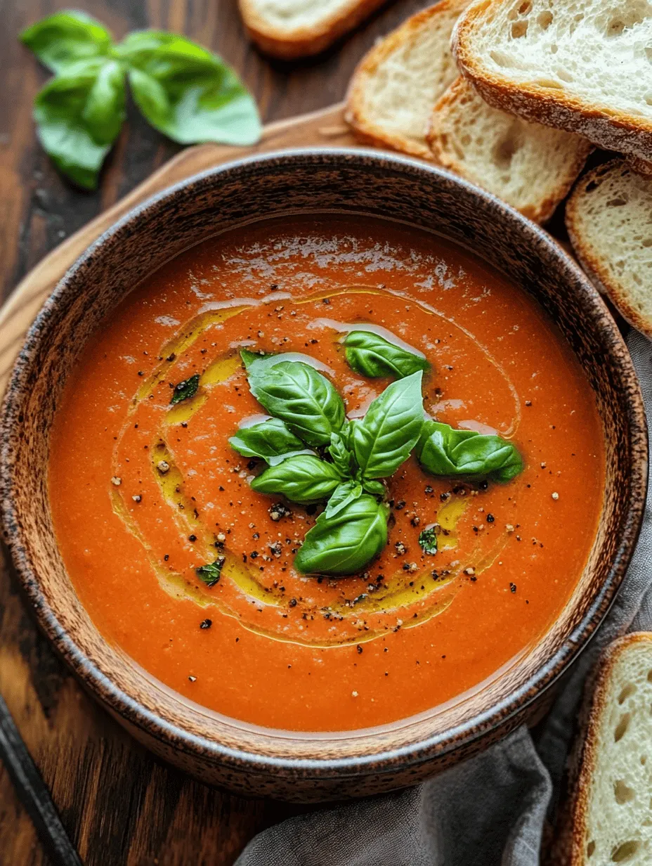 Creamy Tomato Basil Soup is a perfect blend of sweet and tangy flavors, highlighted by the freshness of basil. The tomatoes provide a natural sweetness, while the creamy base delivers a luscious mouthfeel. This soup is not only a comforting dish on its own but also serves as an excellent canvas for your favorite toppings and accompaniments, such as crusty bread, grilled cheese sandwiches, or a sprinkle of parmesan cheese.