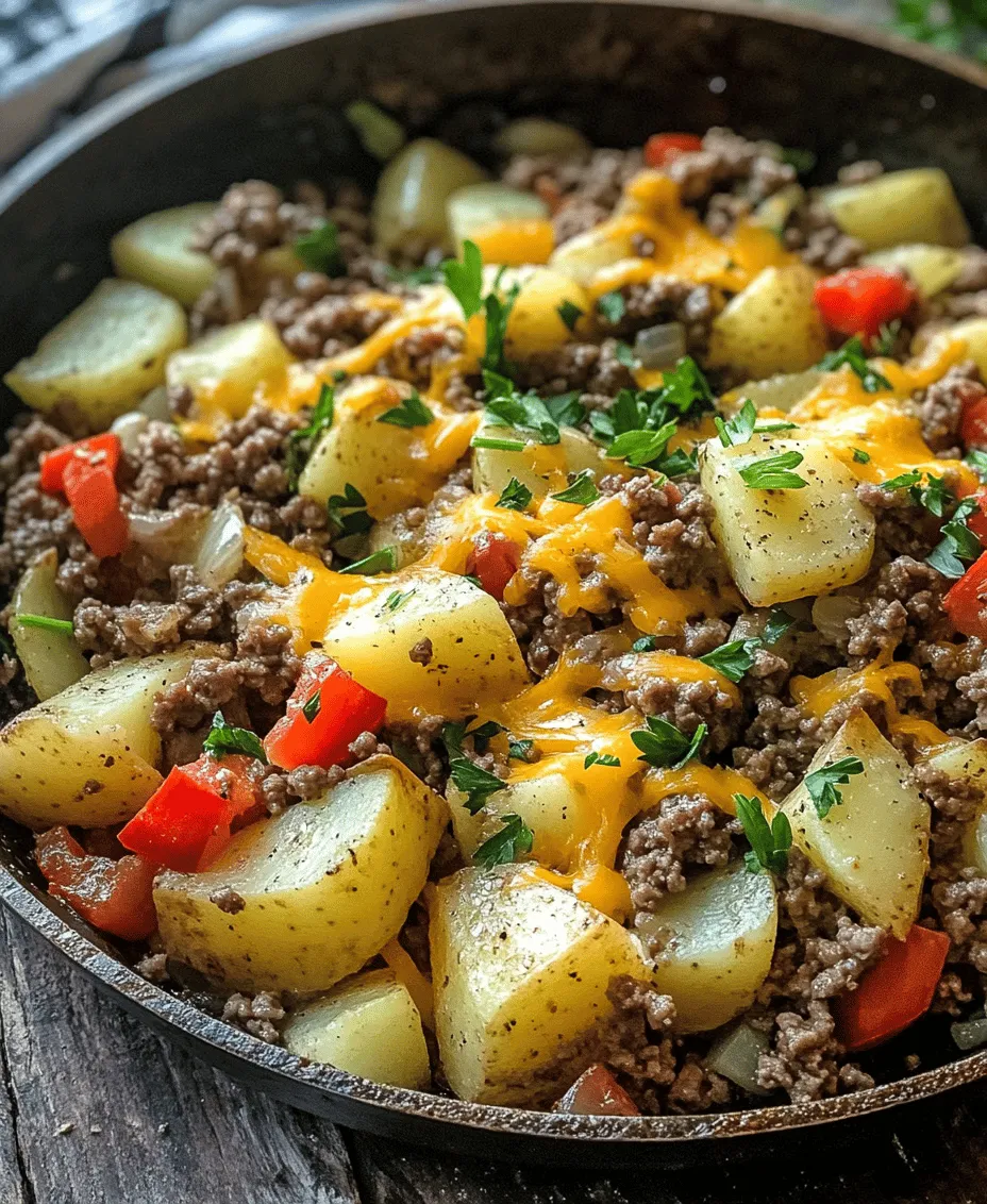 In the hustle and bustle of daily life, finding time to prepare a delicious and satisfying meal can feel like a daunting task. However, our Easy Ground Beef and Potatoes Skillet Recipe is here to rescue your busy weeknights. This one-pan dish not only simplifies your cooking routine but also delivers a hearty, nourishing meal that the whole family will love. Imagine a medley of seasoned ground beef, tender potatoes, and vibrant vegetables, all cooked together in a single skillet. For those who enjoy a touch of indulgence, you can top it off with melted cheddar cheese, adding a delightful creaminess that enhances each bite.