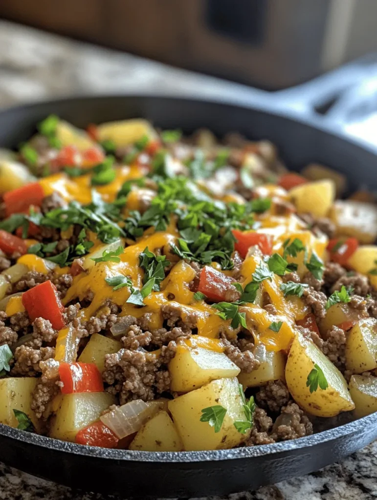 In the hustle and bustle of daily life, finding time to prepare a delicious and satisfying meal can feel like a daunting task. However, our Easy Ground Beef and Potatoes Skillet Recipe is here to rescue your busy weeknights. This one-pan dish not only simplifies your cooking routine but also delivers a hearty, nourishing meal that the whole family will love. Imagine a medley of seasoned ground beef, tender potatoes, and vibrant vegetables, all cooked together in a single skillet. For those who enjoy a touch of indulgence, you can top it off with melted cheddar cheese, adding a delightful creaminess that enhances each bite.