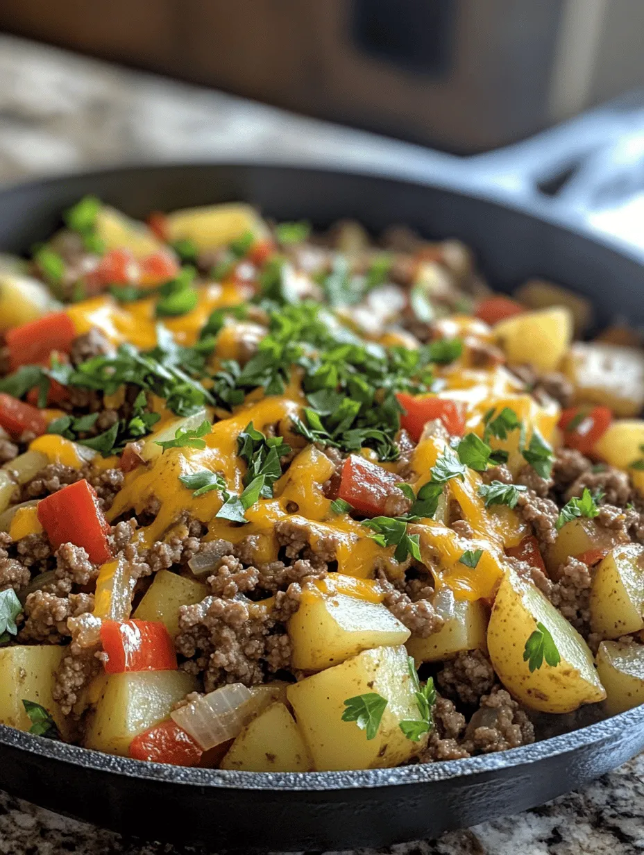 In the hustle and bustle of daily life, finding time to prepare a delicious and satisfying meal can feel like a daunting task. However, our Easy Ground Beef and Potatoes Skillet Recipe is here to rescue your busy weeknights. This one-pan dish not only simplifies your cooking routine but also delivers a hearty, nourishing meal that the whole family will love. Imagine a medley of seasoned ground beef, tender potatoes, and vibrant vegetables, all cooked together in a single skillet. For those who enjoy a touch of indulgence, you can top it off with melted cheddar cheese, adding a delightful creaminess that enhances each bite.