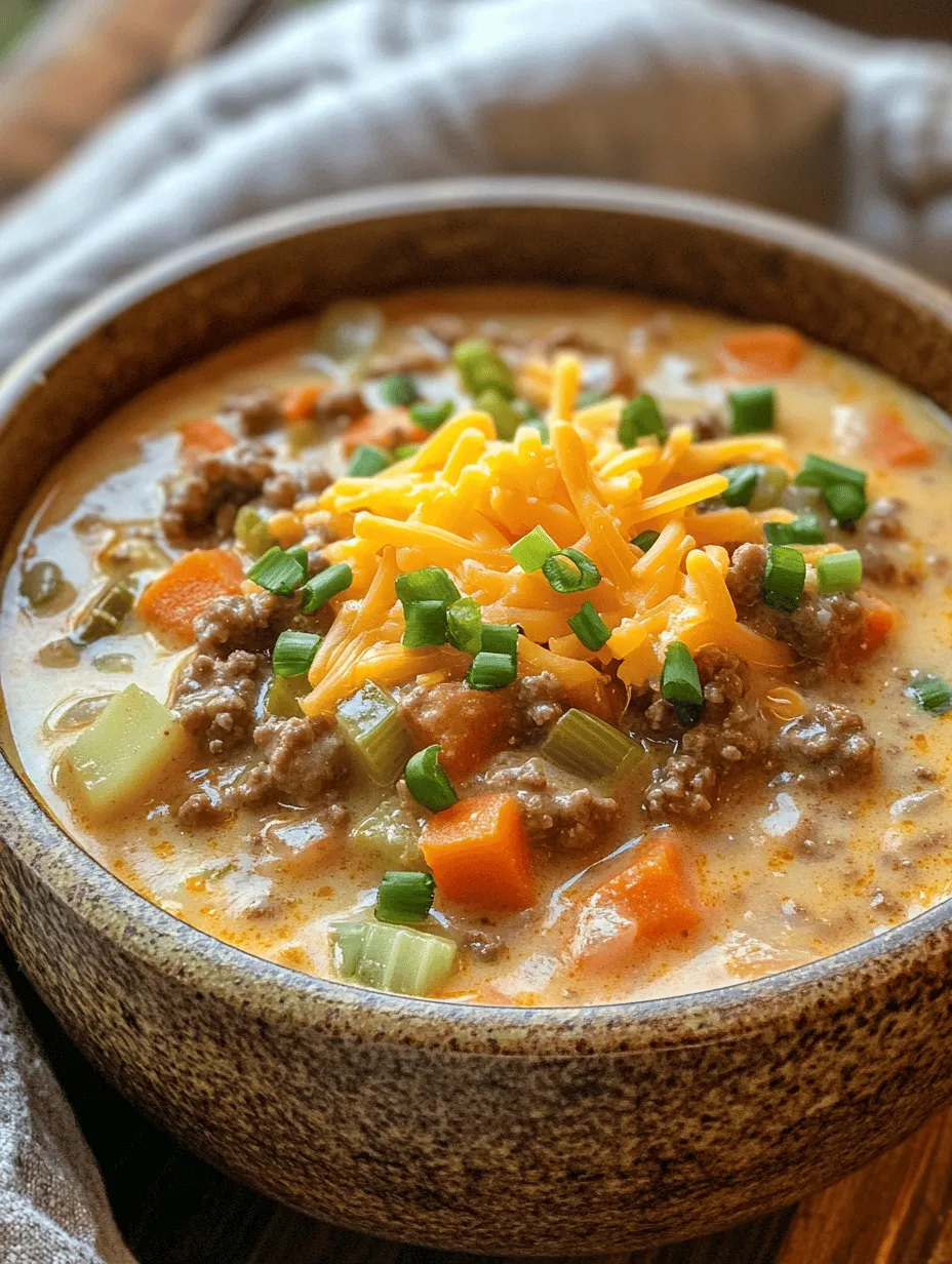 As the chilly months settle in, the craving for comforting meals that warm both the body and soul becomes almost irresistible. There’s something inherently satisfying about curling up with a steaming bowl of soup on a cold evening, and when that soup is infused with the flavors of a classic cheeseburger, it transforms into a meal that is both nostalgic and utterly delicious. Enter Cheesy Delight Cheeseburger Soup—a recipe that encapsulates the essence of comfort food, offering a rich, creamy texture and a medley of flavors that make it a family favorite.