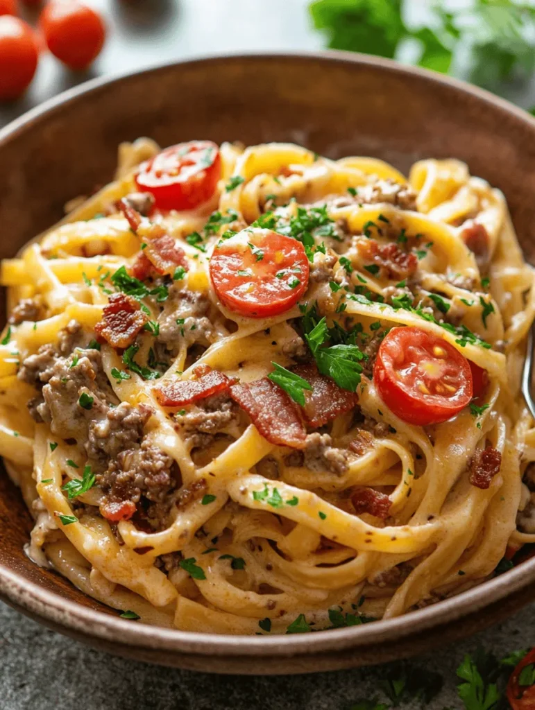 Creamy Loaded Bacon Cheeseburger Alfredo Pasta is the ultimate comfort food that brings together two beloved meals in an irresistible way. Imagine the rich, savory flavors of a classic cheeseburger combined with the creamy, luscious texture of Alfredo pasta. This dish is not only indulgent but also incredibly satisfying, making it a perfect choice for family dinners or casual gatherings with friends. Whether you're looking to impress guests or simply treat yourself after a long day, this creamy pasta dish is sure to hit the spot.