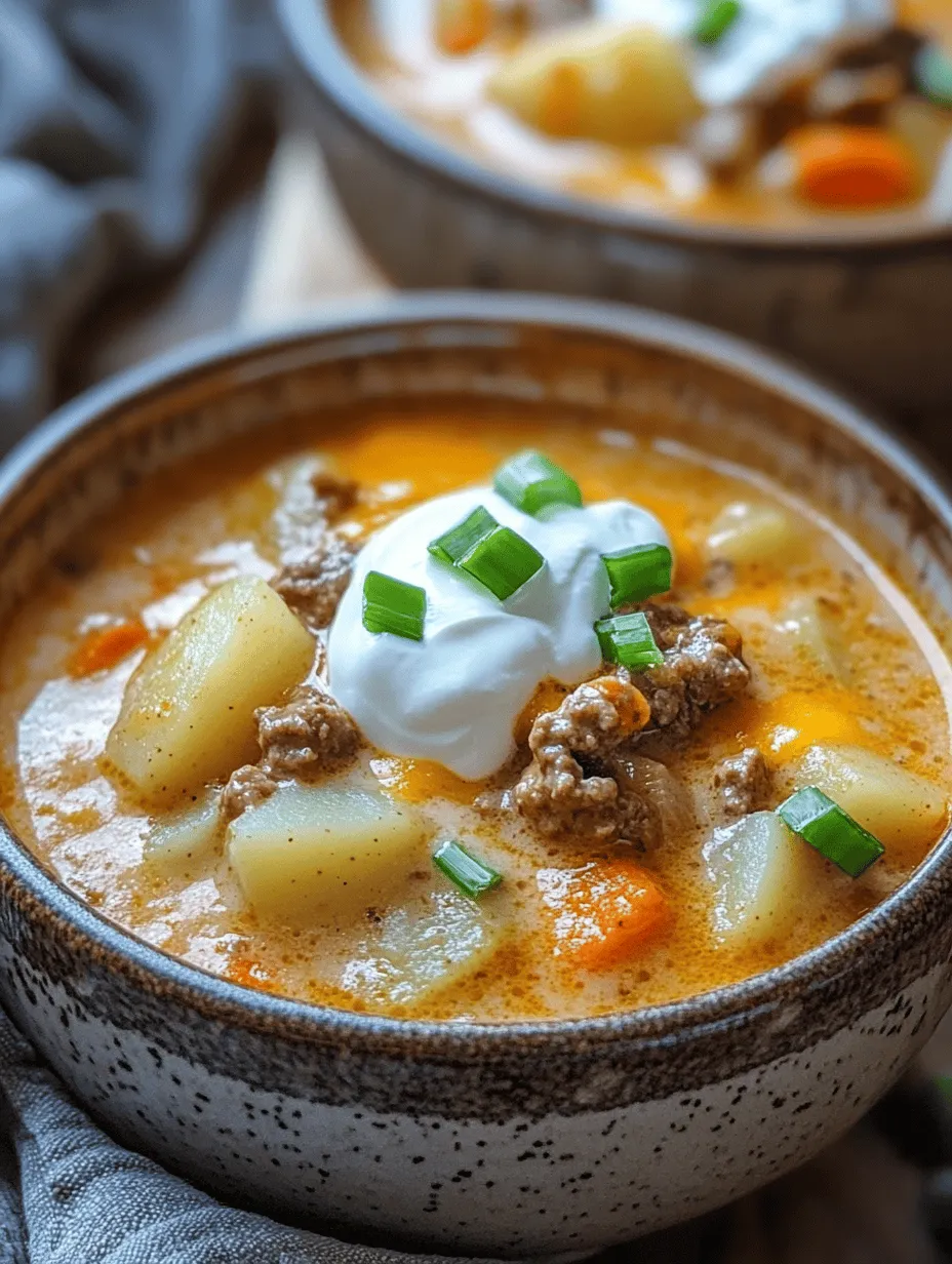 In the realm of comfort food, few dishes evoke warmth and satisfaction quite like a hearty bowl of cheeseburger soup. This delightful recipe combines the classic flavors of a cheeseburger with a creamy, savory broth that is perfect for cool evenings or cozy gatherings. Imagine curling up on the couch with a steaming bowl of this soup, the aroma of seasoned beef and melted cheese wafting through the air, instantly transporting you to a place of comfort and contentment.