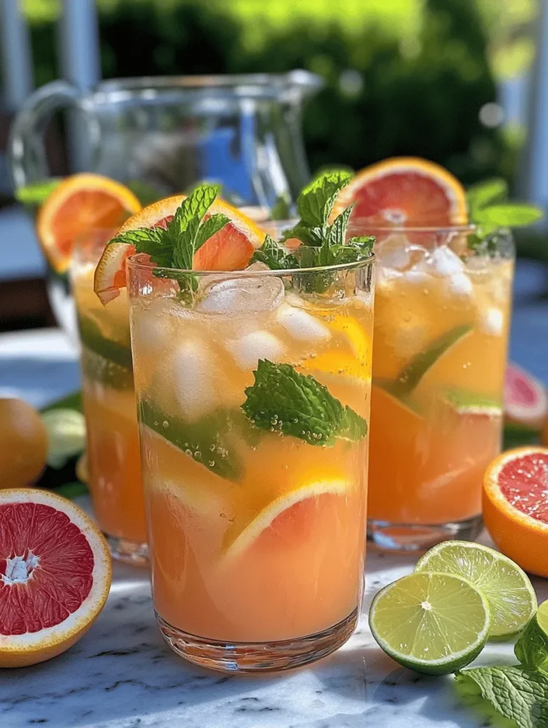 The Tropical Citrus Splash drink is a delightful blend of oranges, grapefruits, limes, and coconut water, creating a symphony of flavors that dance on your palate. Each sip transports you to a tropical paradise, evoking images of swaying palm trees and sandy beaches. The bright and zesty notes from the citrus fruits are perfectly complemented by the subtle sweetness of coconut water, while fresh mint adds an invigorating finish. This drink not only quenches your thirst but also awakens your senses, making it an ideal choice for anyone seeking a refreshing escape from the everyday hustle.