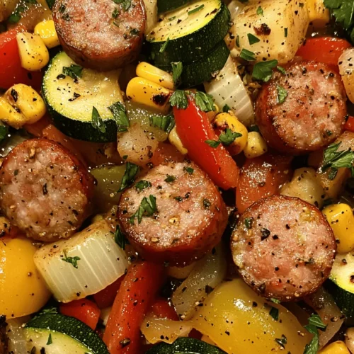 At the heart of this Smoky Sausage & Veggie Skillet is the smoked sausage. This ingredient is known for its robust flavor and satisfying texture, which adds depth to any dish. Smoked sausage is typically made from pork, beef, or a combination of meats, infused with herbs and spices, and then hot or cold smoked to develop its distinctive taste. The smoking process not only enhances the flavor but also adds a hint of sweetness that pairs wonderfully with the freshness of the vegetables.
