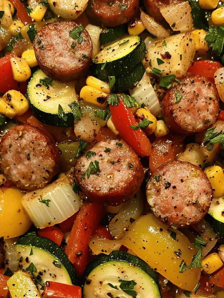 At the heart of this Smoky Sausage & Veggie Skillet is the smoked sausage. This ingredient is known for its robust flavor and satisfying texture, which adds depth to any dish. Smoked sausage is typically made from pork, beef, or a combination of meats, infused with herbs and spices, and then hot or cold smoked to develop its distinctive taste. The smoking process not only enhances the flavor but also adds a hint of sweetness that pairs wonderfully with the freshness of the vegetables.