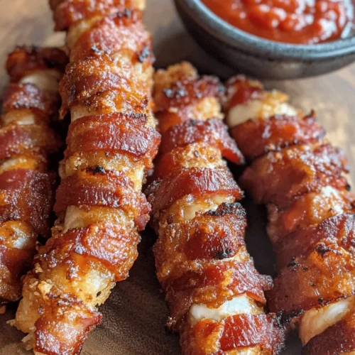 There's something undeniably alluring about the combination of crispy bacon and gooey mozzarella cheese, making crispy bacon-wrapped mozzarella sticks a favorite for many. These delectable bites are not only a hit at parties and gatherings but also serve as a fantastic snack for cozy nights in or as an indulgent treat during game day. The contrast between the savory, salty bacon and the rich, creamy mozzarella creates a flavor explosion that tantalizes the taste buds with every bite.
