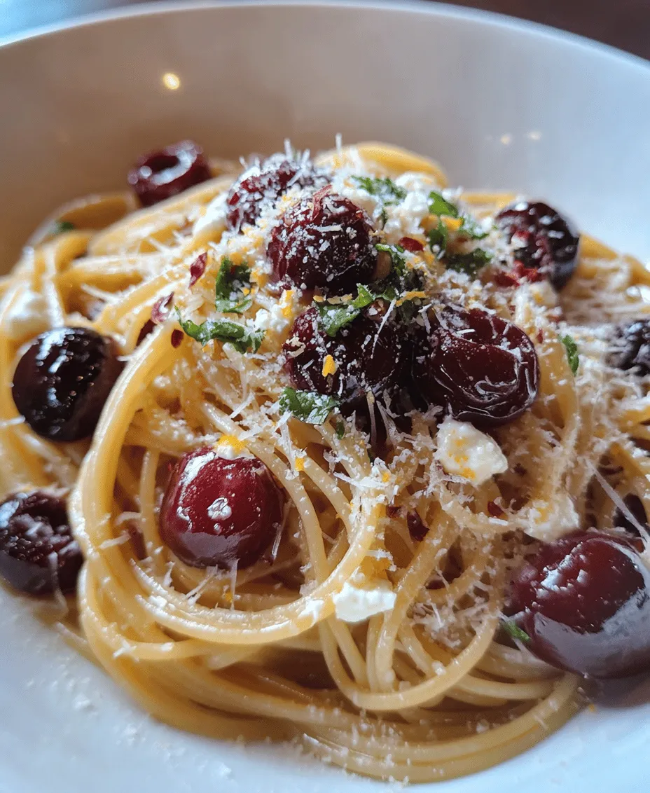 At first glance, the combination of cherries and spaghetti may seem unusual, but this dish is a testament to the magic that happens when sweet and savory elements collide. The fresh cherries serve as the star ingredient, infusing the pasta with a burst of sweetness that beautifully contrasts with the richness of creamy ricotta. The garlic, sautéed in olive oil, adds depth and aromatic allure, while red pepper flakes introduce a subtle heat that balances the dish perfectly. The fragrant notes of fresh basil elevate the flavor profile, bringing a herbaceous quality that is synonymous with summer cooking.