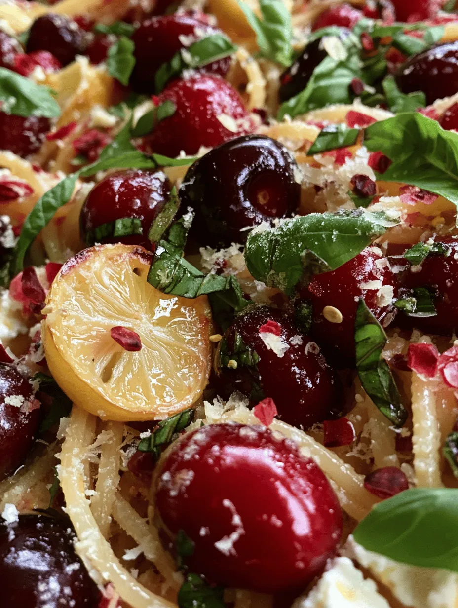 At first glance, the combination of cherries and spaghetti may seem unusual, but this dish is a testament to the magic that happens when sweet and savory elements collide. The fresh cherries serve as the star ingredient, infusing the pasta with a burst of sweetness that beautifully contrasts with the richness of creamy ricotta. The garlic, sautéed in olive oil, adds depth and aromatic allure, while red pepper flakes introduce a subtle heat that balances the dish perfectly. The fragrant notes of fresh basil elevate the flavor profile, bringing a herbaceous quality that is synonymous with summer cooking.