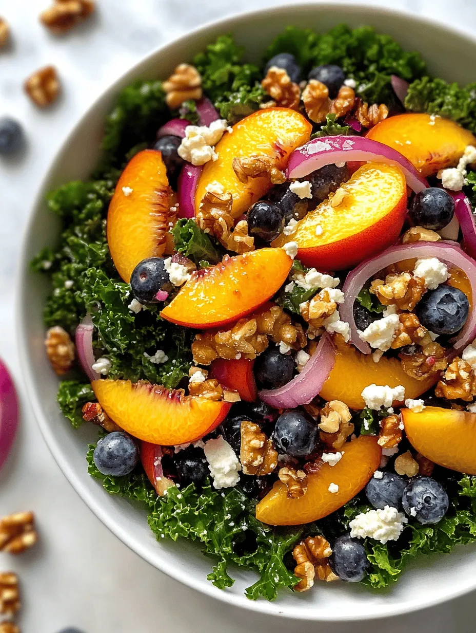 The success of any salad lies in the quality and selection of its ingredients. The Summer Peach and Blueberry Kale Salad features a handful of key components, each bringing its unique flavors and nutritional value to the table. Let’s take a closer look at these ingredients and the vital roles they play in this delicious dish.