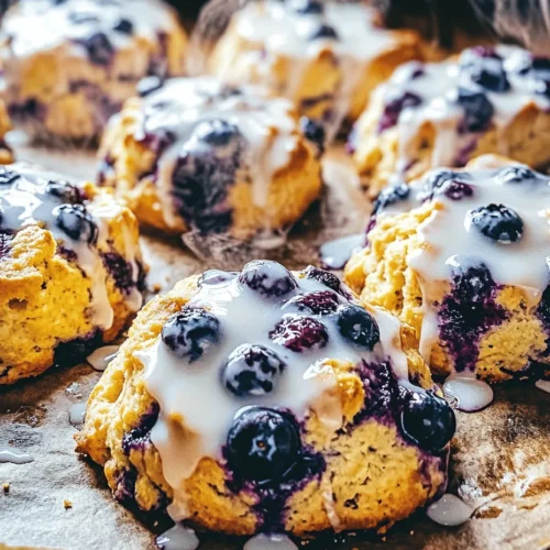 If you're looking for a delightful treat that perfectly balances sweetness and zestiness, look no further than our Blueberry Bliss Biscuits with Zesty Lemon Glaze. These biscuits are not only a feast for the taste buds but also a visual delight, boasting vibrant bursts of blueberries encased in fluffy, tender biscuit dough. The addition of a zesty lemon glaze elevates them further, bringing a bright, refreshing flavor that complements the natural sweetness of the blueberries.