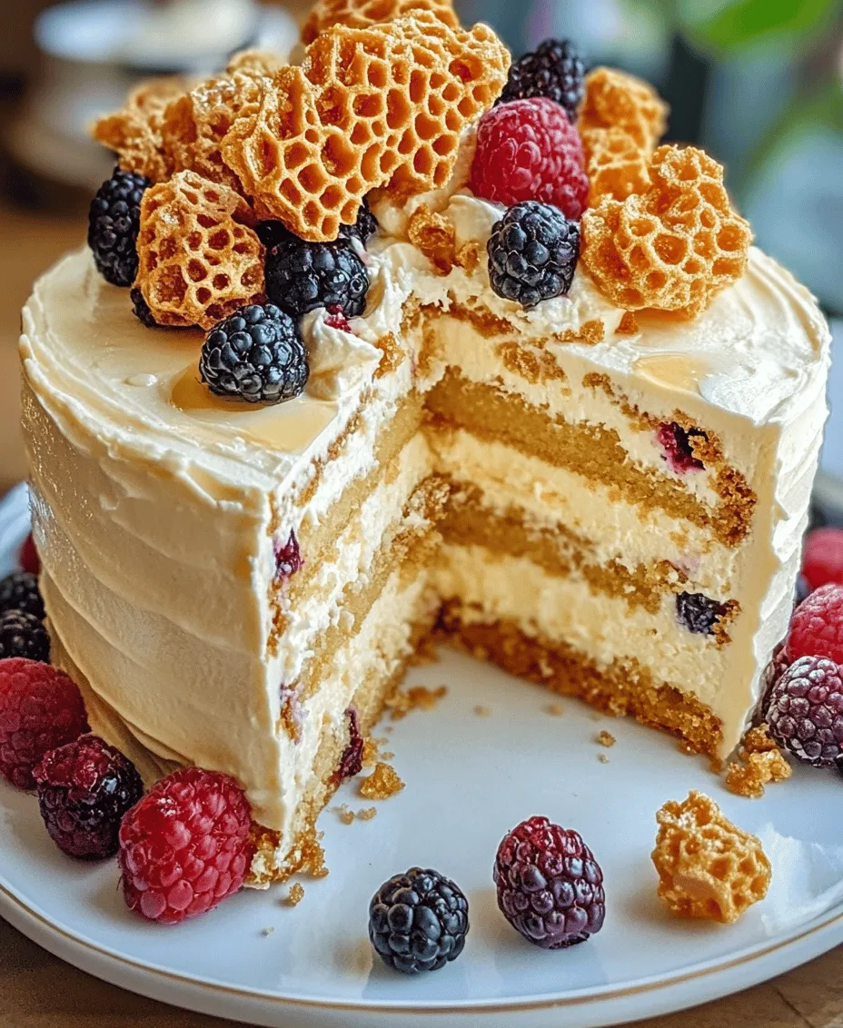 The Honeycomb Cheesecake Cake is a stunning dessert that perfectly marries the rich, creamy goodness of cheesecake with the delightful crunch of homemade honeycomb. This dessert is not just a feast for the eyes; it tantalizes the taste buds with its unique flavor combination and textures. The smooth, velvety cheesecake contrasts beautifully with the crispy, caramelized honeycomb, creating a delightful experience in every bite.