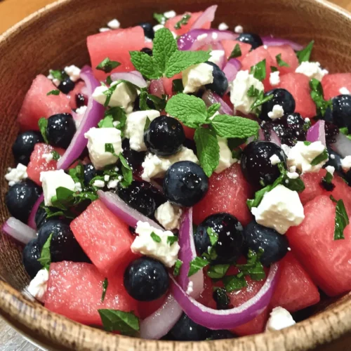 As the sun shines brightly and the temperature rises, we find ourselves craving lighter, fresher meals that can keep us cool and energized. In the midst of summer, nothing is more refreshing than a vibrant salad that combines sweet, savory, and tangy flavors. Enter the Watermelon Feta Blueberry Salad—a dish that’s not only a feast for the eyes but also a delightful treat for the palate. This salad is the epitome of summer in a bowl, harmonizing the juicy sweetness of ripe watermelon and blueberries with the creamy richness of feta cheese and the invigorating freshness of mint.