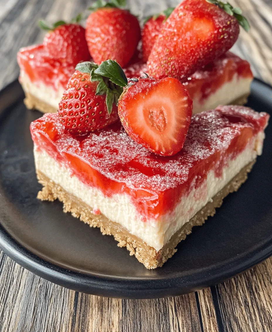 The allure of strawberry cheesecake is undeniable, particularly when it is transformed into the easy-to-make no-bake bars that are perfect for summer gatherings. Imagine a sun-soaked afternoon, friends and family gathered around, and the sweet scent of strawberries wafting through the air. These No-Bake Strawberry Cheesecake Bars combine a delightful graham cracker crust with a creamy cheesecake filling and a luscious strawberry topping, making them the ultimate dessert for any occasion.
