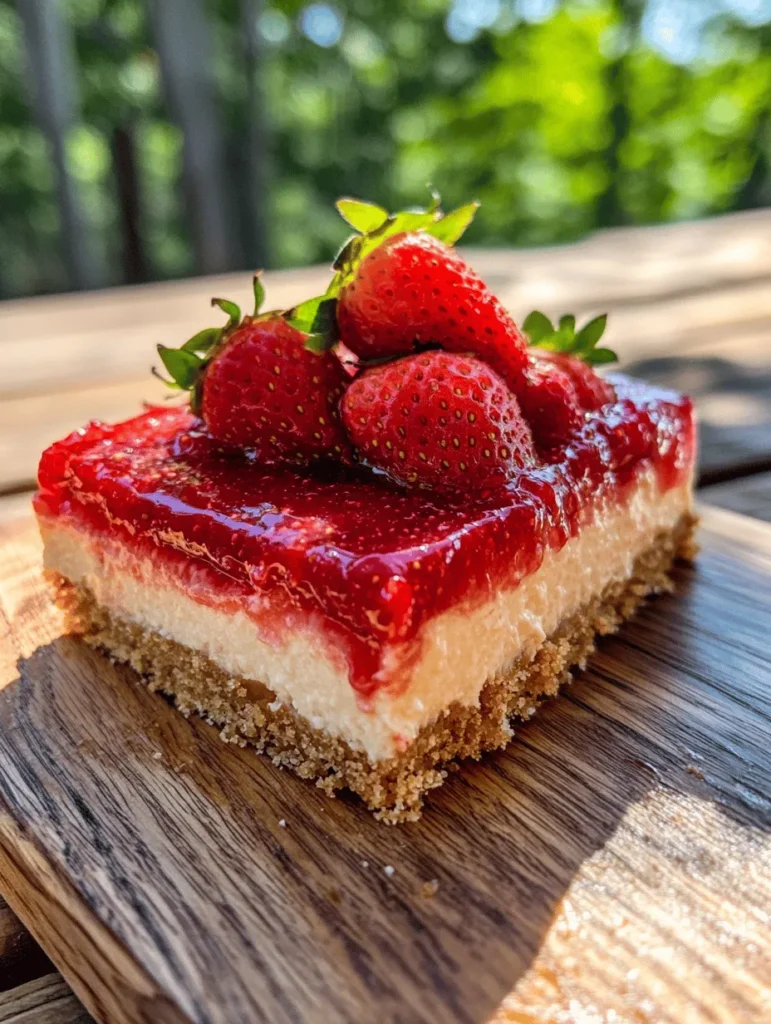 The allure of strawberry cheesecake is undeniable, particularly when it is transformed into the easy-to-make no-bake bars that are perfect for summer gatherings. Imagine a sun-soaked afternoon, friends and family gathered around, and the sweet scent of strawberries wafting through the air. These No-Bake Strawberry Cheesecake Bars combine a delightful graham cracker crust with a creamy cheesecake filling and a luscious strawberry topping, making them the ultimate dessert for any occasion.