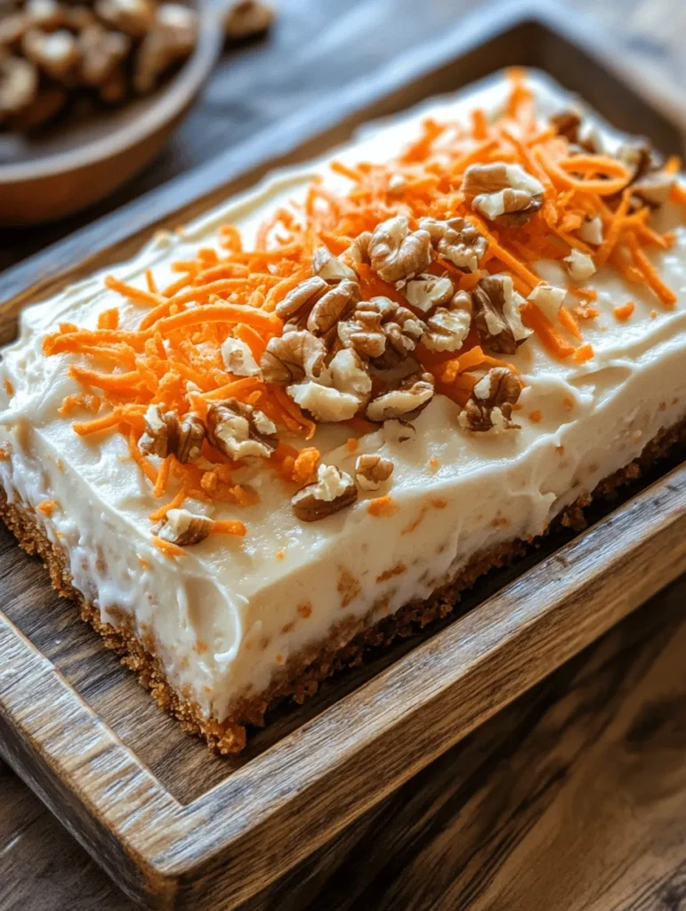In the realm of desserts, few treats embody comfort and nostalgia quite like carrot cake. Renowned for its moist texture and rich flavors, carrot cake has long held a cherished place in the hearts of dessert lovers. However, for those looking for a modern twist on this classic, carrot cake bars offer a delightful alternative. These bars maintain the essence of traditional carrot cake while presenting it in a convenient, easy-to-serve form. Infused with warm spices and topped with a luscious cream cheese frosting, these delightful bars are perfect for any occasion, from casual gatherings to festive celebrations.