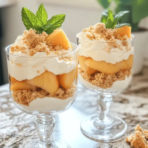 Trifle is a classic dessert that has delighted taste buds for centuries, originating in England during the 16th century. Traditionally, the dish consists of layers of sponge cake, fruit, custard, and whipped cream, creating a visually stunning and delicious treat. Over time, trifles have evolved, with various adaptations showcasing different flavors and ingredients. One such variation is the Peach Mousse Trifle, a romantic dessert perfect for two people. This light and airy dessert combines fresh peaches, creamy mousse, and crunchy graham crackers, making it an irresistible indulgence that captures the essence of summer in every spoonful.