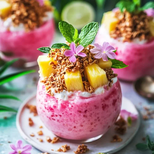 The Tropical Pink Pineapple Delight is a stunning dessert that not only dazzles with its vibrant colors but also captivates the palate with its refreshing flavors. This recipe celebrates the unique characteristics of the pink pineapple, a delightful variety that has been gaining popularity for its sweet and juicy taste. As a dessert that embodies tropical vibes, the Tropical Pink Pineapple Delight is perfect for summer gatherings, beach parties, or simply a refreshing treat on a warm day.