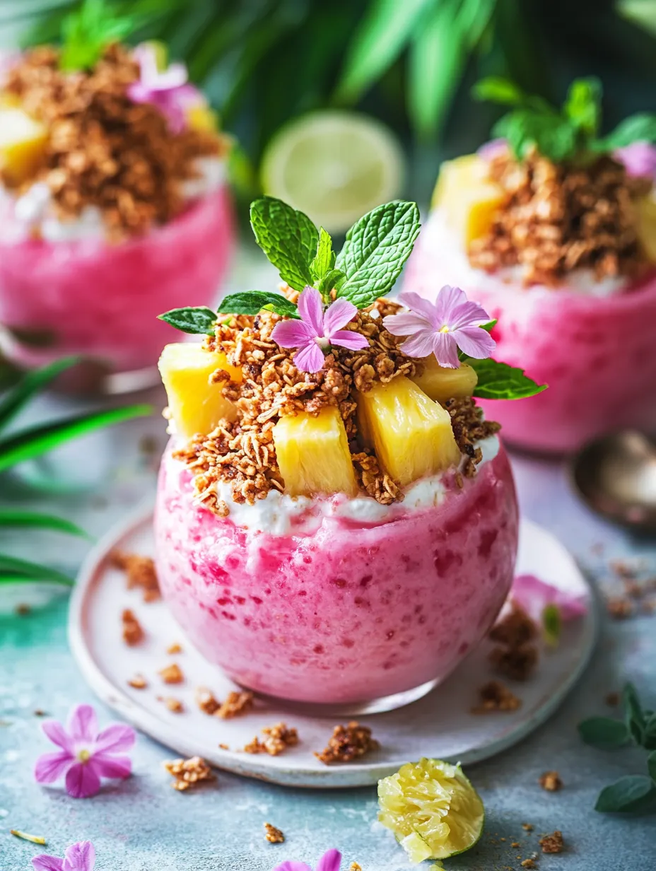 The Tropical Pink Pineapple Delight is a stunning dessert that not only dazzles with its vibrant colors but also captivates the palate with its refreshing flavors. This recipe celebrates the unique characteristics of the pink pineapple, a delightful variety that has been gaining popularity for its sweet and juicy taste. As a dessert that embodies tropical vibes, the Tropical Pink Pineapple Delight is perfect for summer gatherings, beach parties, or simply a refreshing treat on a warm day.
