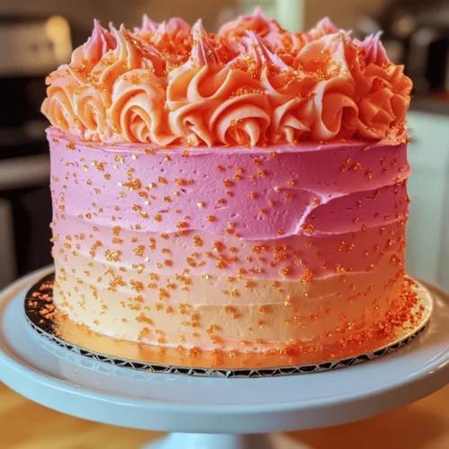 The Sunset Cake is not just a dessert; it is a visual masterpiece that captures the vibrant hues of a picturesque sunset. With its stunning layers that transition from rich orange to soft pink, this cake is a feast for the eyes as much as it is for the palate. It embodies the essence of celebration, making it the perfect centerpiece for birthdays, anniversaries, and any festive gathering. Each slice is a delightful combination of flavors, creating a memorable experience that is sure to impress your guests.