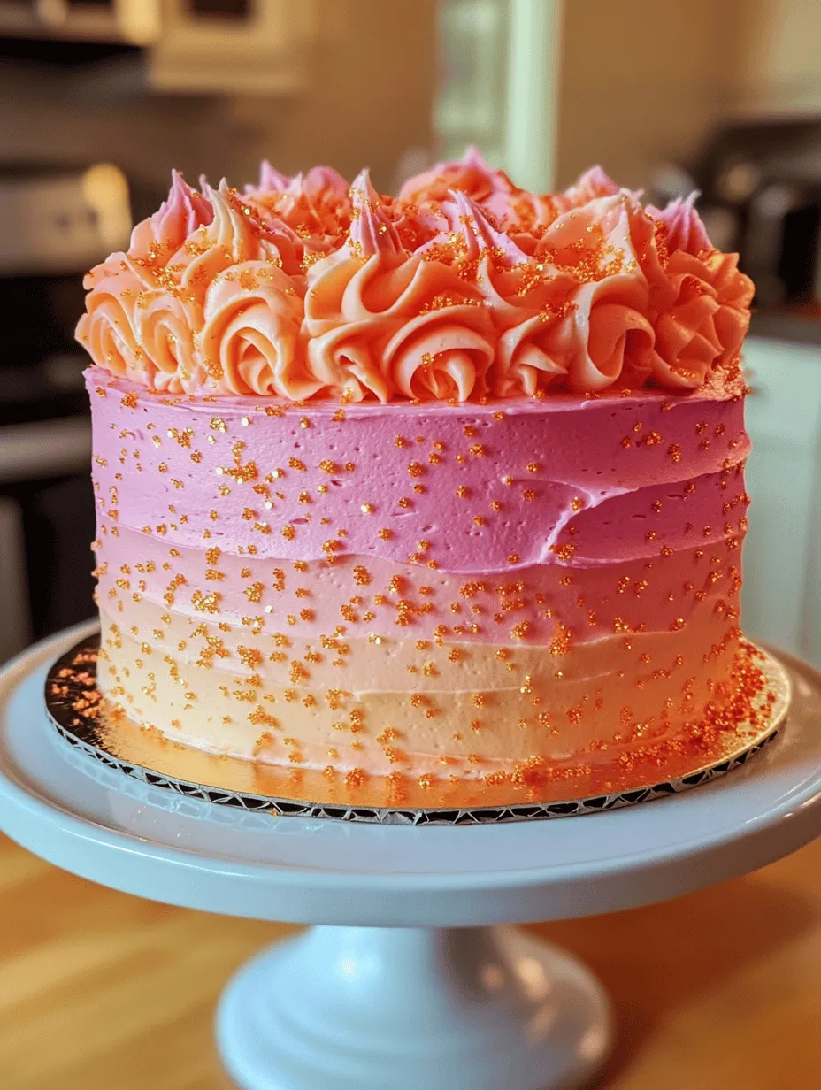 The Sunset Cake is not just a dessert; it is a visual masterpiece that captures the vibrant hues of a picturesque sunset. With its stunning layers that transition from rich orange to soft pink, this cake is a feast for the eyes as much as it is for the palate. It embodies the essence of celebration, making it the perfect centerpiece for birthdays, anniversaries, and any festive gathering. Each slice is a delightful combination of flavors, creating a memorable experience that is sure to impress your guests.