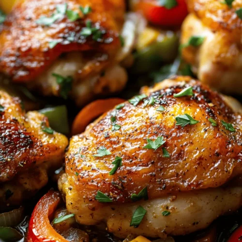 Imagine a dish that brings together the rich, savory flavors of succulent chicken thighs and the vibrant crunch of sweet bell peppers, creating a culinary experience that dances on your palate. Sizzling Chicken Thighs with Sweet Bell Peppers is not just a meal; it's a celebration of color, taste, and aroma that fills your kitchen as it cooks. The golden brown thighs sear perfectly while the sweet peppers and onions caramelize, creating an enticing medley of flavors that are both comforting and exhilarating.