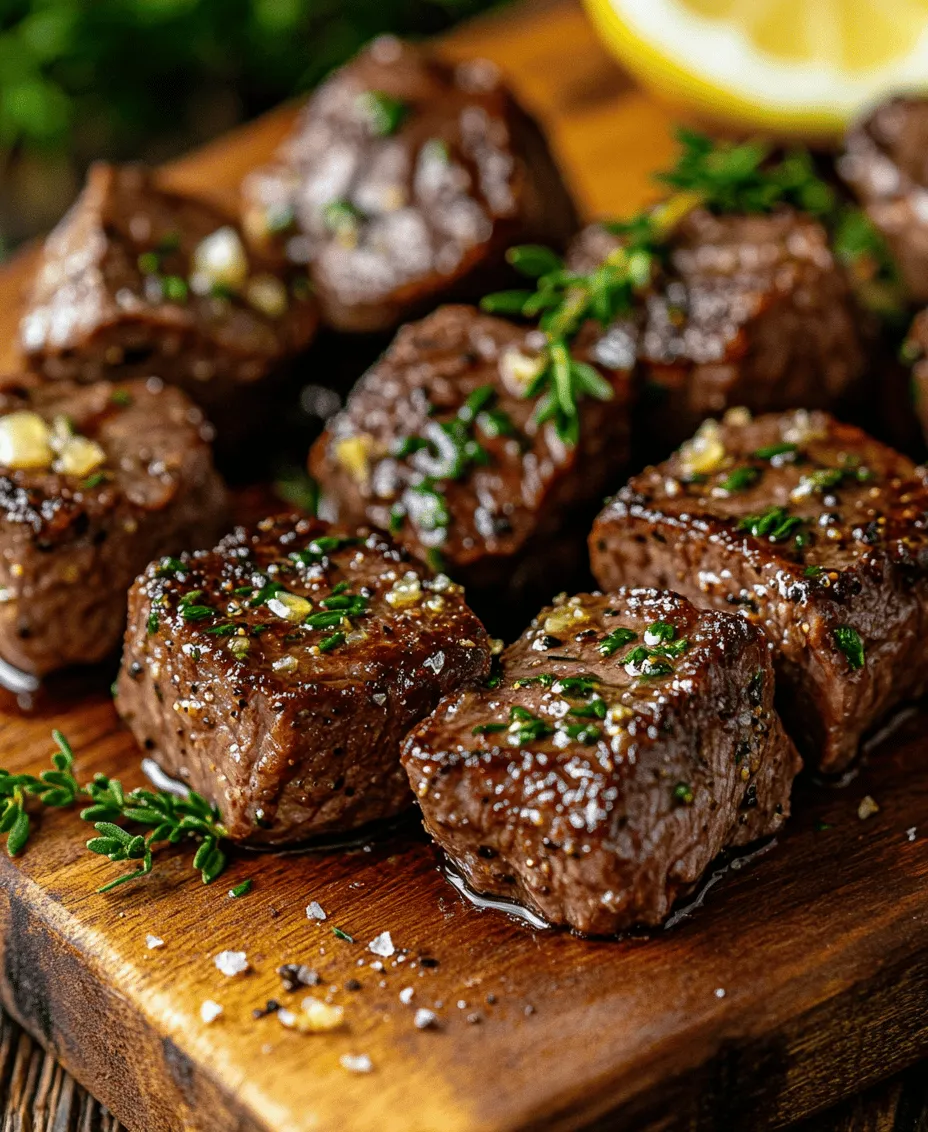 Garlic Butter Steak Bites are more than just a tasty meal; they are an experience for the senses. The dish combines the juicy, savory essence of steak with the robust and aromatic flavor of garlic butter. Each bite offers a burst of flavor, enhanced by the richness of the butter and the aromatic notes of fresh herbs. The high heat of the cooking process creates a beautiful sear on the steak bites, sealing in the juices and creating a delightful contrast of textures.