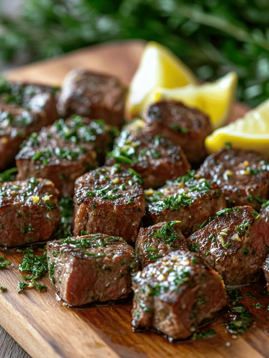 Garlic Butter Steak Bites are more than just a tasty meal; they are an experience for the senses. The dish combines the juicy, savory essence of steak with the robust and aromatic flavor of garlic butter. Each bite offers a burst of flavor, enhanced by the richness of the butter and the aromatic notes of fresh herbs. The high heat of the cooking process creates a beautiful sear on the steak bites, sealing in the juices and creating a delightful contrast of textures.