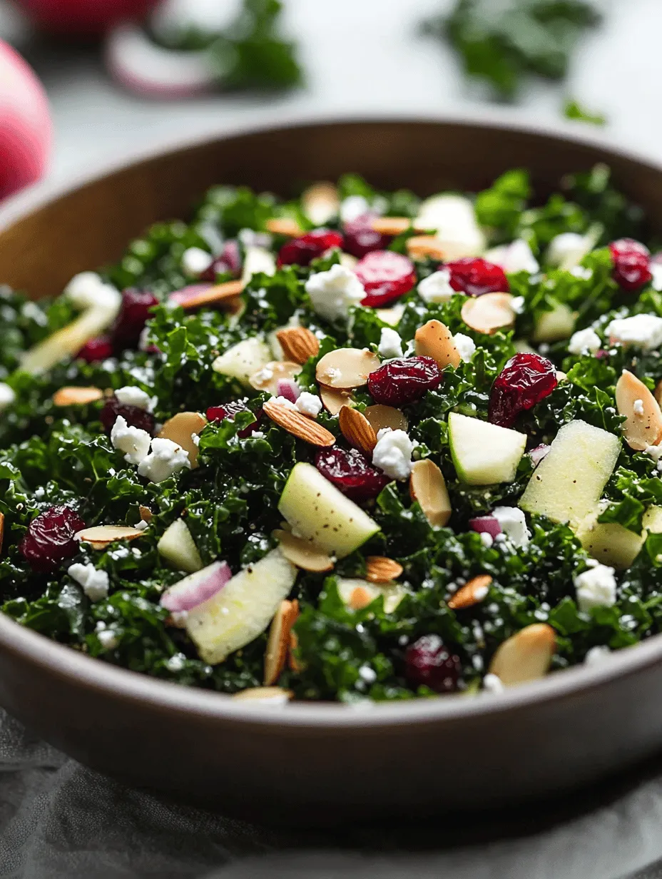 At the heart of our Kale Cranberry Salad is kale, often hailed as a superfood. This leafy green is not just a trendy addition to your plate; it is a nutritional powerhouse, providing a wide array of health benefits. Kale is rich in vitamins A, C, and K, as well as minerals like calcium, potassium, and magnesium.