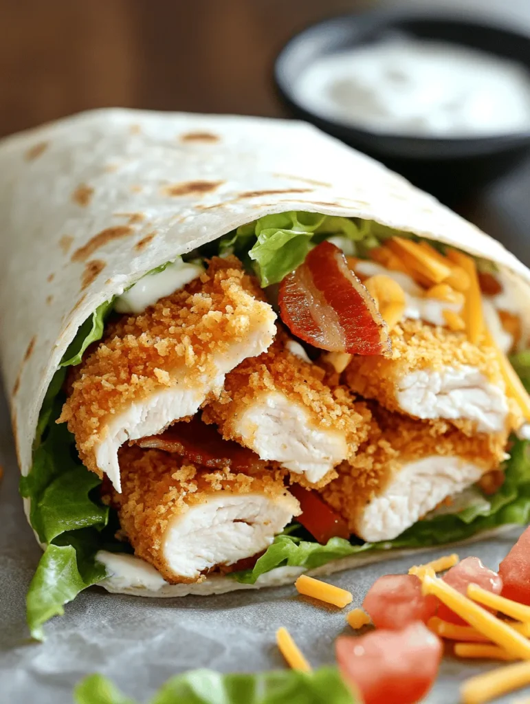 Welcome to the delightful world of wraps, where flavors and textures intertwine to create satisfying meals that are perfect for any time of day. Today, we’re focusing on a recipe that epitomizes this concept: the Crispy Chicken Bacon Ranch Wrap. This dish is a harmonious blend of crispy chicken, smoky bacon, and creamy ranch dressing, all enveloped in a soft tortilla, making it an irresistible option for lunch, dinner, or a quick snack.