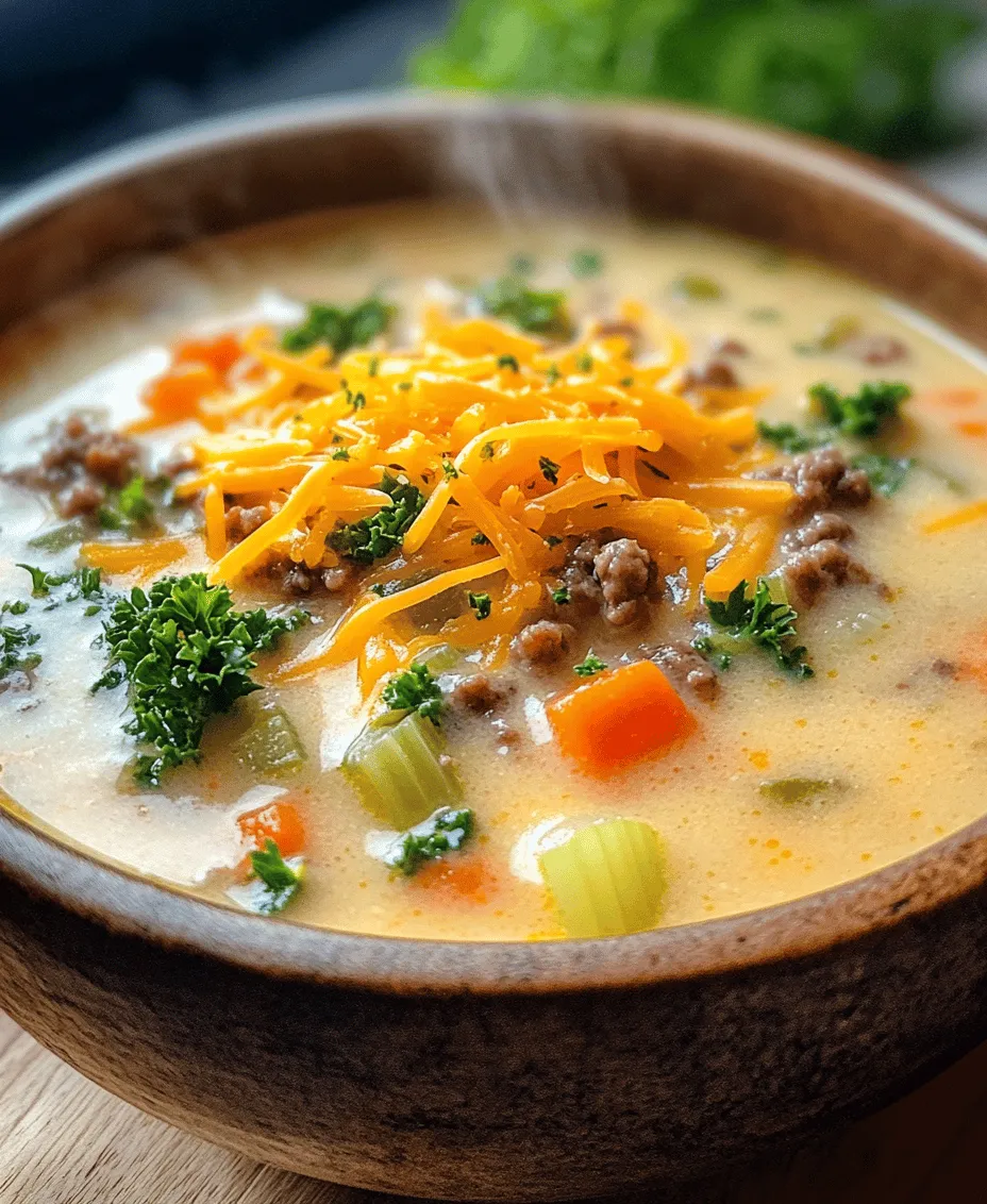 Cheeseburger soup is a unique culinary creation that emerged in American kitchens in the 1980s, capturing the hearts and stomachs of families across the nation. This dish cleverly combines the classic elements of a cheeseburger—ground meat, cheese, and vegetables—with the comforting texture of a warm soup. It epitomizes the notion that you can enjoy the flavors of your favorite meals in a new, heartwarming format.