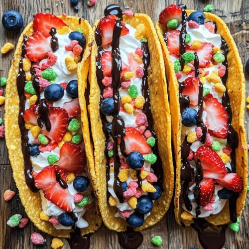 Desserts have a magical ability to evoke memories and transport us back to simpler times, and nothing captures this nostalgic essence quite like Fruity Pebbles Cheesecake Tacos. This whimsical treat marries the creamy richness of cheesecake with the playful crunch of a beloved childhood cereal, creating a dessert that is both visually stunning and delightfully delicious. The vibrant colors and textures make it not just a dessert, but an experience that appeals to both the young and the young-at-heart.