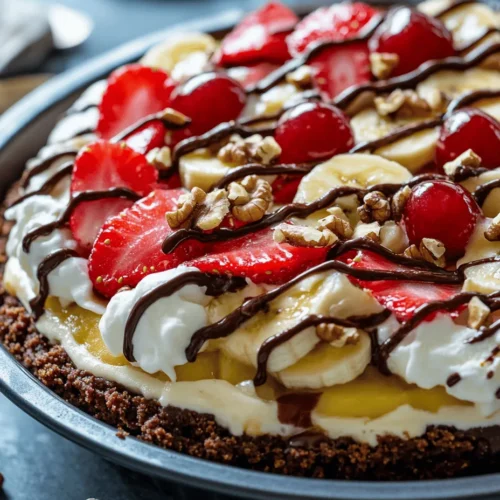 Welcome to a sweet treat that’s sure to steal the spotlight at your next gathering: the Frozen Banana Split Pie! This delightful dessert combines the classic flavors of a traditional banana split into a convenient and visually stunning pie. With its luscious layers of creamy vanilla ice cream, fresh fruits, and a crumbly graham cracker crust, this dessert is not only a feast for the eyes but a celebration of taste and texture as well.