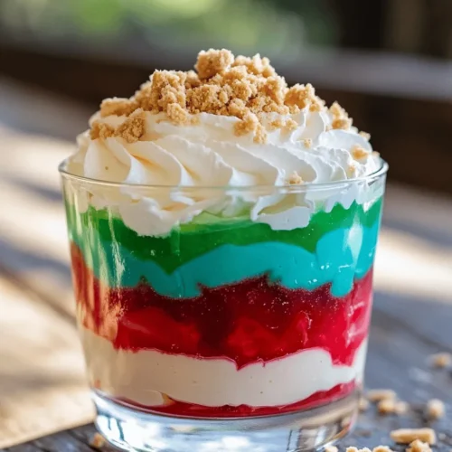 The Rainbow Jello Layered Dessert is a vibrant and visually stunning treat that captures the whimsy of childhood while offering a delightful experience for all ages. This dessert not only tantalizes the taste buds with its array of flavors but also serves as a feast for the eyes, making it an ideal centerpiece for celebrations, gatherings, or simply as a fun family dessert. The beauty of this dessert lies not just in its colorful appearance but also in the nostalgia it evokes—reminding many of birthday parties, summer picnics, and holiday celebrations where such layered delights often steal the show.