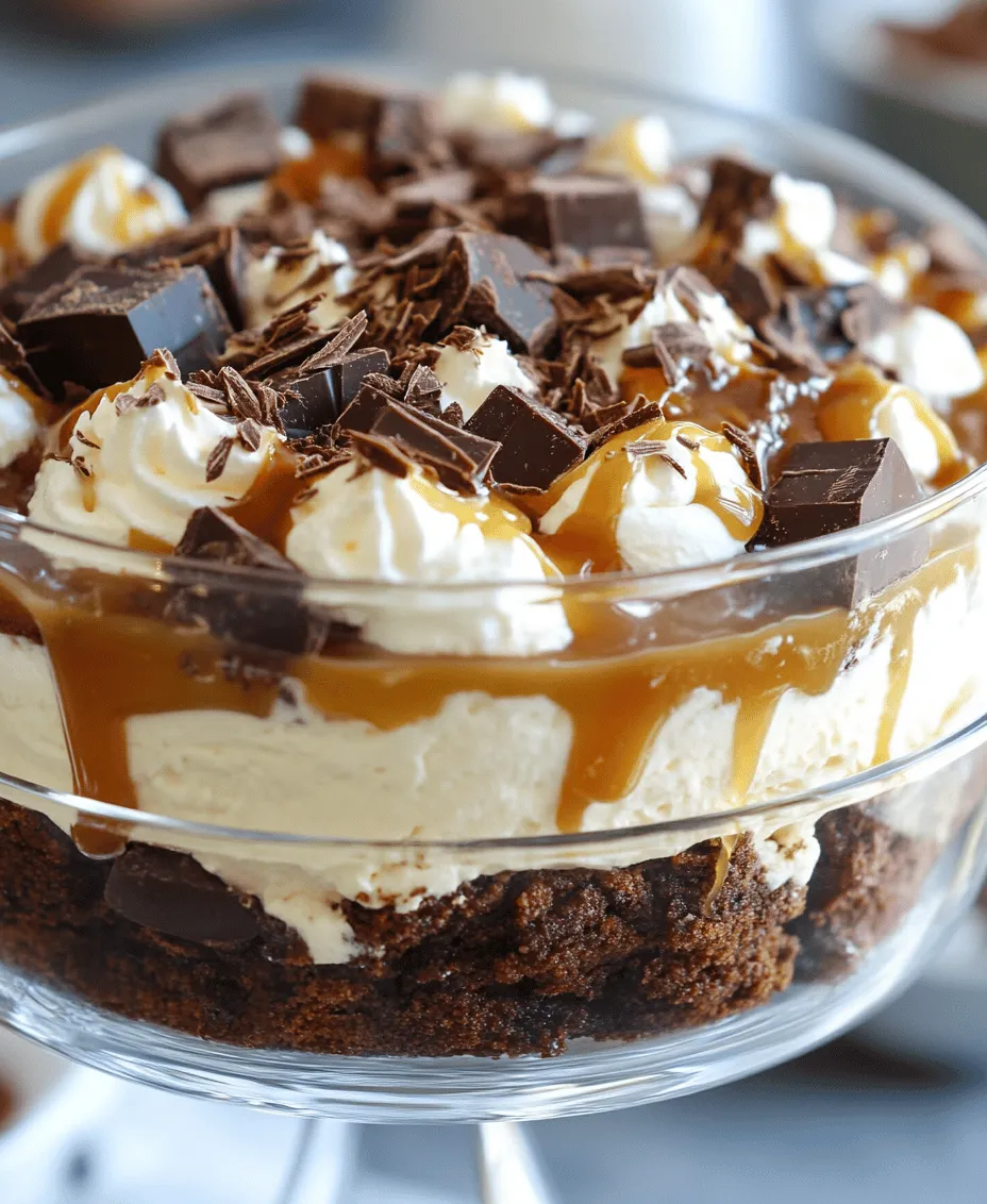 Dessert trifles have become a delightful staple in the world of indulgent treats, captivating dessert lovers with their layered presentations and rich flavors. A trifle is not just a dessert; it is an experience—a beautiful assembly of textures and tastes that invites everyone to dive in. Among the myriad of trifle combinations, the <strong>Caramel Cheesecake Brownie Trifle</strong> stands out as a decadent masterpiece. This alluring dessert combines the fudgy richness of brownies, the creamy smoothness of cheesecake, and the sweet, buttery goodness of caramel sauce.” /></p>
</p>
<h3>Homemade Caramel Sauce</h3>
</p>
<p>Creating the perfect caramel sauce is a delightful skill that adds an indulgent touch to your Caramel Cheesecake Brownie Trifle. The process begins with just two simple ingredients: granulated sugar and water. As you follow the steps, the magic of transformation occurs as the sugar melts and caramelizes.</p>
</p>
<p><strong>The Science Behind Caramelizing Sugar</strong></p>
</p>
<p>Caramelizing sugar is a process that requires careful attention to both temperature and timing. As sugar is heated, it melts and transitions through several stages—from granulated to a syrupy consistency and eventually to a rich amber color. The key temperatures to monitor are crucial:</p>
</p>
<p>1. <strong>Dissolving</strong>: Initially, the sugar and water mixture should be heated over medium heat until the sugar dissolves.</p>
<p>2. <strong>Simmering</strong>: Once dissolved, increase the heat to medium-high. The mixture should be allowed to simmer without stirring, which helps promote even caramelization.</p>
<p>3. <strong>Caramel Stage</strong>: At around 320°F (160°C), the sugar begins to turn light amber. Continue cooking until it reaches a deep amber color, typically around 350°F (175°C).</p>
</p>
<p>Temperature control is vital; too high, and the sugar will burn, resulting in a bitter taste.</p>
</p>
<p><strong>Regular vs. Salted Caramel</strong></p>
</p>
<p>When making caramel, you can choose between regular and salted caramel. Regular caramel has a sweet, rich flavor, while salted caramel introduces a delightful contrast with a hint of salt that enhances the sweetness. The salt balances the flavors, making the dessert even more irresistible. If you prefer salted caramel, add a pinch of sea salt or fleur de sel to the caramel sauce just before it finishes cooking, allowing the salt to melt into the warm mixture.</p>
</p>
<p><strong>Safety Tips When Working with Hot Sugar</strong></p>
</p>
<p>When working with hot sugar, safety is paramount. Here are a few essential tips:</p>
</p>
<p>– <strong>Use Heavy-Duty Equipment</strong>: Utilize heavy-bottomed pots to ensure even heat distribution and reduce the risk of burning.</p>
<p>– <strong>Handle with Care</strong>: Always use pot holders or oven mitts when handling hot pots. Caramel can reach extremely high temperatures and can cause severe burns.</p>
<p>– <strong>Avoid Water Contact</strong>: Water can cause sugar to seize up and crystallize. Make sure your utensils and cooking surfaces are dry.</p>
</p>
<h3>Assembling the Trifle</h3>
</p>
<p>Now that your caramel sauce is ready, it’s time to assemble the trifle. This step is where your creativity can shine as you layer the brownie, cheesecake, and caramel.</p>
</p>
<p><strong>Step-by-Step Guide to Assembling the Trifle Layers</strong></p>
</p>
<p>1. <strong>Layer the Brownies</strong>: Begin by cutting your cooled brownies into bite-sized pieces. Place a layer of brownie cubes at the bottom of your trifle bowl or dessert cups.</p>
<p>2. <strong>Add Cheesecake Filling</strong>: Spoon a generous layer of the cheesecake filling over the brownie layer. The creamy texture of the cheesecake will contrast beautifully with the dense brownies.</p>
<p>3. <strong>Drizzle Caramel Sauce</strong>: Next, drizzle a layer of homemade caramel sauce over the cheesecake filling. Allow some of it to soak into the brownies for added flavor.</p>
<p>4. <strong>Repeat Layers</strong>: Continue layering with brownie cubes, cheesecake filling, and caramel sauce until you reach the top of your serving vessel. Aim for at least three layers for a visually appealing trifle.</p>
<p>5. <strong>Top with Whipped Cream</strong>: Finish off with a dollop of whipped cream or whipped topping for an extra indulgent finish.</p>
</p>
<p><strong>Creative Ideas for Layering</strong></p>
</p>
<p>– <strong>Color Contrast</strong>: Use a clear trifle bowl to showcase the beautiful layers of your dessert. The contrast between the dark brownies, creamy cheesecake, and golden caramel will be visually striking.</p>
<p>– <strong>Add Texture</strong>: Consider adding crushed nuts or chocolate shavings between layers for added texture and flavor.</p>
<p>– <strong>Fresh Fruits</strong>: Layer in some berries or banana slices to introduce a fresh element that balances the richness of the dessert.</p>
</p>
<p><strong>Serving Options</strong></p>
</p>
<p>When it comes to serving your trifle, you have two main options: a large trifle bowl or individual dessert cups. Both have their advantages:</p>
</p>
<p>– <strong>Large Trifle Bowl</strong>: Perfect for gatherings, allowing guests to serve themselves and see the stunning layers.</p>
<p>– <strong>Individual Dessert Cups</strong>: Ideal for portion control and easy serving, these cups also add a personal touch to each guest’s dessert experience.</p>
</p>
<p>Regardless of which option you choose, remember that chilling time is essential for flavor development. Allow the assembled trifle to chill in the refrigerator for at least 2 hours or overnight if possible. This resting period allows the flavors to meld beautifully.</p>
</p>
<h3>Garnishing and Serving Suggestions</h3>
</p>
<p>The final touches can elevate your Caramel Cheesecake Brownie Trifle from delicious to extraordinary.</p>
</p>
<p><strong>Garnishing Options</strong></p>
</p>
<p>– <strong>Whipped Cream</strong>: A light dollop of freshly whipped cream adds a fluffy texture that complements the richness of the dessert.</p>
<p>– <strong>Chocolate Shavings</strong>: Use a vegetable peeler to create elegant chocolate curls that can be sprinkled on top for a sophisticated finish.</p>
<p>– <strong>Caramel Drizzle</strong>: A final drizzle of caramel sauce right before serving can enhance the visual appeal and add an extra layer of richness.</p>
<p>– <strong>Nuts</strong>: Toasted pecans or walnuts can be sprinkled on top for added crunch and flavor contrast.</p>
</p>
<p><strong>Presentation Impact</strong></p>
</p>
<p>The way a dessert is presented can significantly influence its appeal. A well-garnished trifle not only looks enticing but also invites people to dig in. Layered desserts like this trifle are eye-catching, and a few thoughtful garnishes can enhance their attractiveness even further.</p>
</p>
<p><strong>Serving Suggestions and Pairings</strong></p>
</p>
<p>Pair your Caramel Cheesecake Brownie Trifle with a rich cup of coffee or a soothing herbal tea. The warmth of the beverage contrasts nicely with the cool, creamy layers of the trifle, making for a balanced dessert experience.</p>
</p>
<h3>Nutritional Considerations</h3>
</p>
<p>While the Caramel Cheesecake Brownie Trifle is undoubtedly indulgent, it can still have a place in a balanced diet. Enjoying a small portion can satisfy your sweet tooth without overindulgence.</p>
</p>
<p><strong>Dietary Modifications</strong></p>
</p>
<p>For those with dietary restrictions, consider these modifications:</p>
</p>
<p>– <strong>Gluten-Free</strong>: Use gluten-free brownies or make your own using gluten-free flour alternatives.</p>
<p>– <strong>Low-Sugar Options</strong>: Substitute sugar in the cheesecake filling with a low-calorie sweetener or reduce the amount of caramel sauce used.</p>
<p>– <strong>Dairy-Free</strong>: Use dairy-free cream cheese and whipped topping to create a vegan version of this dessert.</p>
</p>
<h3>Conclusion</h3>
</p>
<p>Creating and sharing the Caramel Cheesecake Brownie Trifle is a joyous experience that brings together an array of rich flavors and textures. This dessert is not only a feast for the eyes but also a delight for the palate, combining the decadence of brownies, the creaminess of cheesecake, and the indulgence of caramel sauce.</p>
</p>
<p>As you embark on the journey of making this trifle, remember that the process is just as enjoyable as the final product. Gather your friends and family, showcase your creation, and relish in the moments of delight and satisfaction. This layered dessert is sure to create memorable experiences and sweeten any occasion. Enjoy the process, and most importantly, savor every bite!</p>
<div id=