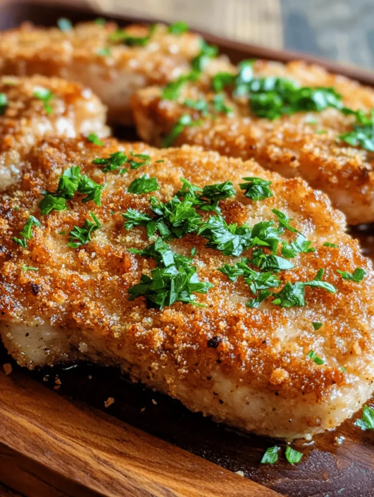 Crispy garlic Parmesan pork chops are a delicious and easy-to-make dish that can elevate any meal, whether it's a simple weeknight dinner or a special occasion. Imagine the enticing aroma of garlic wafting through your kitchen as you prepare these mouthwatering chops, their crunchy golden crust promising a delightful texture that perfectly complements the juicy, tender meat beneath. This recipe combines the rich, savory flavor of Parmesan cheese with the aromatic qualities of garlic, creating a dish that is both comforting and satisfying.