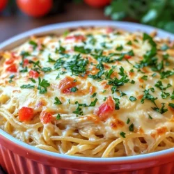 The Southern Christmas Cheesy Chicken Spaghetti Bake is a delightful fusion of comfort food and Italian-inspired flavors, making it a unique addition to any holiday menu. This dish features a creamy, cheesy filling that envelops perfectly cooked spaghetti, making each bite a delicious experience. The combination of tender rotisserie chicken, fresh vegetables, and a blend of flavorful cheeses transforms simple ingredients into a masterpiece the whole family will love.