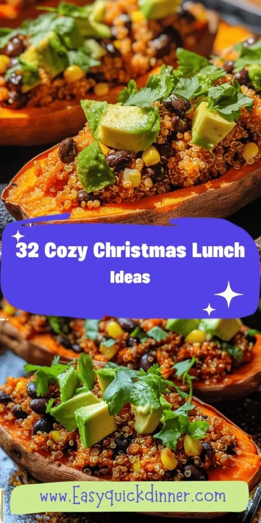 Looking for a delicious vegetarian lunch option? These Festive Stuffed Sweet Potatoes are a vibrant and nutritious choice, combining quinoa, black beans, and colorful veggies for a satisfying meal. Perfect for those busy days when you need easy lunch recipes that are both healthy and flavorful &ndash; afterka has you covered! VegetarianLunch EasyLunchRecipes SweetPotatoes HealthyEating FestiveFood PlantBased CozyMeals