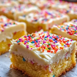 Baking is more than just a culinary activity; it is a delightful way to express creativity and bring joy to oneself and others. One of the most enjoyable treats to come out of the world of baking in recent years is the cake batter bar. These bars perfectly encapsulate the nostalgic flavor of raw cake batter, a taste that many of us have cherished since childhood. The excitement of licking the mixing bowl clean after baking is now transformed into a delightful, baked treat that can be enjoyed guilt-free.