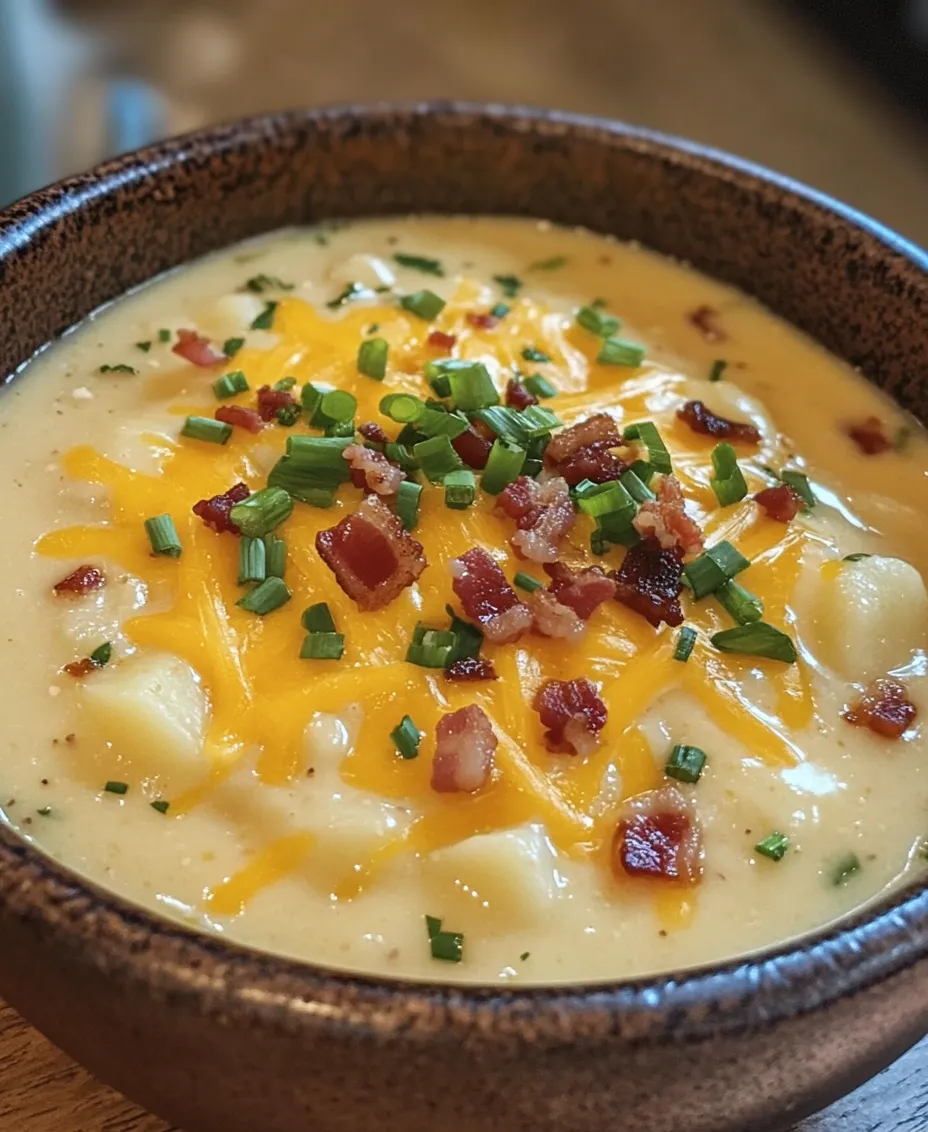 When it comes to comfort food, few dishes can rival the heartwarming embrace of a creamy potato soup. Its rich, velvety texture and robust flavors make it a perennial favorite for cozy nights in, gatherings with friends, and even quick weeknight dinners. Enter the <strong>Creamy Loaded Potato Bliss</strong>, a recipe that takes the classic potato soup to new heights. This dish is not only indulgent but also versatile, making it suitable for various occasions—from casual family meals to elegant dinner parties.” /></p>
</p>
<h3>Incorporating Dairy: Ensuring Smooth Integration of Cream and Cheese</h3>
</p>
<p>To achieve the creamy texture that defines Creamy Loaded Potato Bliss, the integration of dairy ingredients is crucial. Start by selecting high-quality cream and cheese that will meld well with the flavors of the potatoes and bacon.</p>
</p>
<p>1. <strong>Cream Selection</strong>: Heavy cream works best as it not only adds richness but also helps in achieving that velvety texture. If you prefer a lighter option, half-and-half can be used, though it may result in a slightly thinner soup.</p>
</p>
<p>2. <strong>Cheese Choices</strong>: For the cheese, sharp cheddar is a classic choice that provides a robust flavor. You can also experiment with other varieties such as Gruyère or pepper jack for a bit of spice. Grate the cheese finely before adding it to ensure it melts smoothly without clumping.</p>
</p>
<p>3. <strong>Incorporation Technique</strong>: Once your potatoes are tender, reduce the heat to low before adding the cream. This prevents the cream from curdling. Stir in the cream gradually, allowing it to incorporate completely before adding the cheese. Continue stirring until the cheese is melted and the mixture is uniform.</p>
</p>
<h3>Final Touches: The Art of Balancing Flavors with Bacon and Garnishes</h3>
</p>
<p>In the final stages of preparing your Creamy Loaded Potato Bliss, the finishing touches can elevate your dish from good to extraordinary.</p>
</p>
<p>1. <strong>Bacon Integration</strong>: Crispy bacon not only adds a savory depth but also a delightful crunch that contrasts beautifully with the creamy soup. After cooking the bacon, reserve some for garnishing. Chop the rest into small pieces and stir it into the soup towards the end of cooking, allowing the flavors to mingle.</p>
</p>
<p>2. <strong>Garnishing</strong>: Presentation matters, especially with such a comforting dish. Serve the soup in bowls and top it with additional crispy bacon bits, a sprinkle of freshly chopped green onions, and a generous dollop of sour cream for added creaminess. A light dusting of smoked paprika can also enhance the visual appeal while introducing a subtle smoky flavor.</p>
</p>
<h3>Nutritional Benefits of Creamy Loaded Potato Bliss</h3>
</p>
<p>Understanding the nutritional profile of Creamy Loaded Potato Bliss can help you appreciate its comforting qualities while maintaining a balanced diet.</p>
</p>
<p>1. <strong>Health Benefits of Potatoes</strong>: Potatoes are not merely a filling ingredient; they are also nutrient-dense. Rich in vitamins C and B6, potassium, and dietary fiber, they contribute to heart health and aid in digestion. Moreover, the fiber content helps keep you full longer, making this dish satisfying.</p>
</p>
<p>2. <strong>Healthy Fats from Cream and Cheese</strong>: While cream and cheese are often viewed as indulgent, they provide essential fats that support nutrient absorption. The fats found in dairy are necessary for the body to absorb fat-soluble vitamins like A, D, E, and K. Just be mindful of portion sizes to balance indulgence with health.</p>
</p>
<p>3. <strong>Nutritional Contributions of Bacon and Green Onions</strong>: Bacon, while a source of protein, also brings in iron and B vitamins. Using leaner cuts or turkey bacon can lighten the dish further. Green onions, on the other hand, are low in calories and high in vitamins A, C, and K, boosting the overall nutritional value of the dish.</p>
</p>
<p>4. <strong>Making the Dish Lighter</strong>: If you’re looking to lighten your Creamy Loaded Potato Bliss, consider reducing the amount of cream and substituting with low-fat yogurt or milk. You can also add more vegetables such as carrots or celery to increase the volume without adding too many calories.</p>
</p>
<h3>Serving Suggestions and Pairings</h3>
</p>
<p>To enhance your experience with Creamy Loaded Potato Bliss, consider these serving suggestions and pairings.</p>
</p>
<p>1. <strong>Garnishing Ideas</strong>: Beyond the classic toppings of bacon and green onions, consider adding fresh herbs like chives or parsley for an aromatic touch. A sprinkle of crumbled feta or a drizzle of truffle oil can also provide an upscale twist to the dish.</p>
</p>
<p>2. <strong>Complementary Side Dishes</strong>: This creamy soup pairs beautifully with crusty bread, perfect for dipping. A simple green salad dressed with a light vinaigrette can also balance the richness of the soup. For a heartier meal, consider serving it alongside a quiche or savory pie.</p>
</p>
<p>3. <strong>Beverage Pairings</strong>: The right beverage can elevate your dining experience. A crisp white wine, such as a Chardonnay, pairs well with the creamy flavors, while a light lager or pale ale can complement the dish’s richness. For non-alcoholic options, a sparkling water with a twist of lime or a refreshing iced tea can cleanse the palate beautifully.</p>
</p>
<h3>Storage and Reheating Tips</h3>
</p>
<p>To enjoy your Creamy Loaded Potato Bliss over several days, it’s essential to store and reheat it correctly.</p>
</p>
<p>1. <strong>Storing Leftovers</strong>: Allow the soup to cool completely before transferring it to an airtight container. It can be stored in the refrigerator for up to 3 days. For longer storage, consider freezing it, but be aware that the texture may change slightly upon thawing.</p>
</p>
<p>2. <strong>Reheating Guidelines</strong>: When reheating, do so gently over low heat on the stove. Stir frequently to prevent the cream from separating. If the soup appears too thick, add a splash of broth or water to achieve your desired consistency.</p>
</p>
<p>3. <strong>Freezing the Soup</strong>: If you choose to freeze the soup, pour it into freezer-safe containers, leaving some space at the top for expansion. To thaw, place it in the refrigerator overnight or use the defrost setting on your microwave. Reheat it as described above after thawing.</p>
</p>
<h3>Conclusion</h3>
</p>
<p>Creamy Loaded Potato Bliss is more than just a soup; it’s a heartwarming dish that brings comfort on chilly days and serves as a delightful centerpiece for family gatherings. With its rich flavors and creamy texture, this recipe showcases the best of comfort food while offering nutritional benefits.</p>
</p>
<p>As you try your hand at making this delicious dish, remember that homemade soups have a unique ability to bring people together. The joy of sharing a warm bowl of Creamy Loaded Potato Bliss can create cherished memories with family and friends. So gather your ingredients, follow these steps, and savor the satisfaction of a meal made with love.</p>
</div>