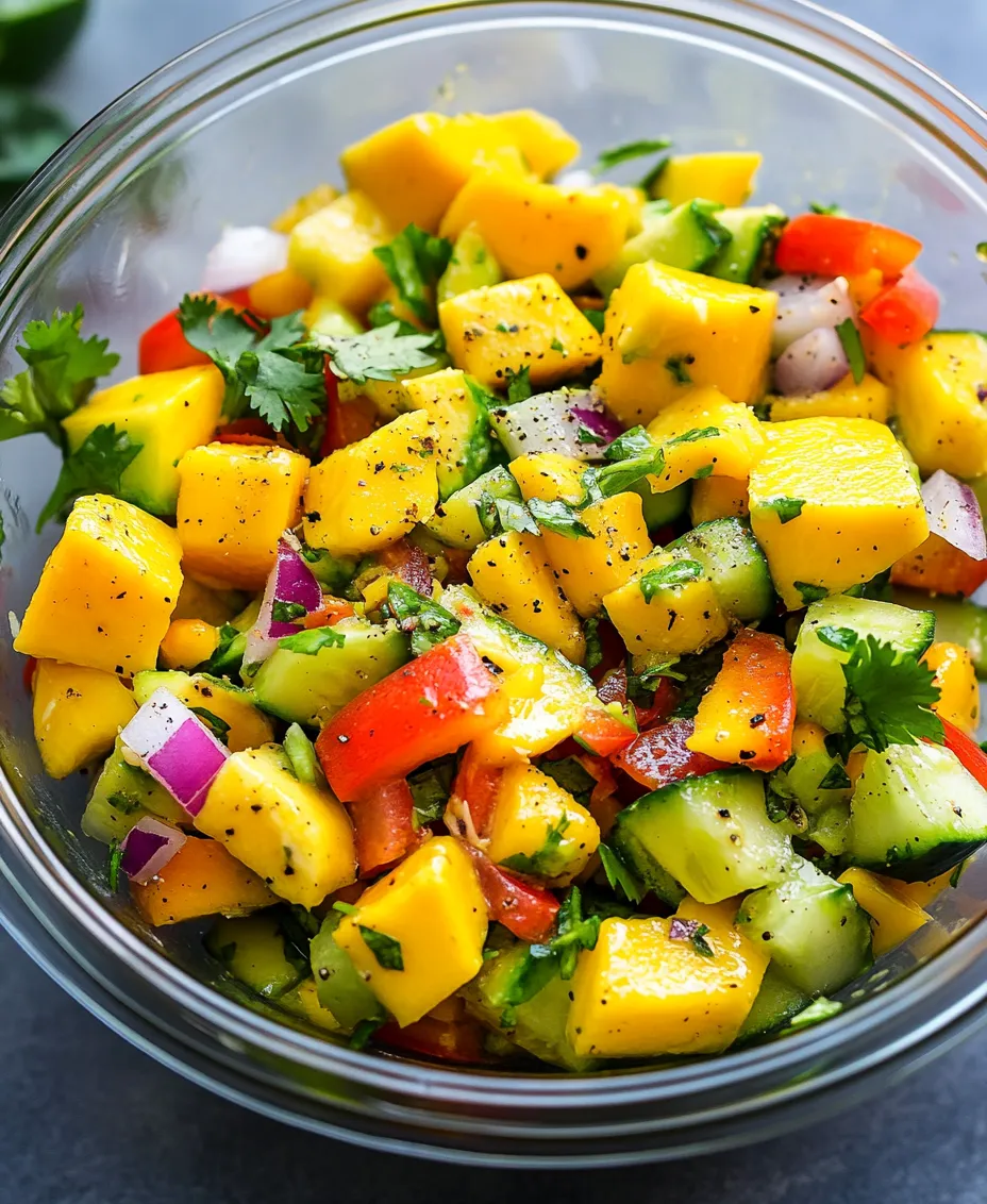 As the warm months roll in, there’s nothing quite like a refreshing salad to cool down and invigorate the senses. Among the myriad of salad options, the <strong>Mango Cucumber Salad</strong> stands out with its vibrant colors, delightful textures, and a perfect balance of sweetness and crunch. This salad is not just a feast for the eyes but also a wholesome addition to any meal, bursting with the goodness of fresh ingredients and seasonal fruits. Whether you’re looking to impress guests at a summer barbecue or simply want to incorporate more fresh produce into your daily meals, this salad is a must-try.” /></p>
</p>
<h3>Mixing Ingredients: Tips on Maintaining Textures and Flavors</h3>
</p>
<p>When preparing the Refreshing Mango Cucumber Salad, the way you mix the ingredients can significantly affect the overall texture and flavor profile. Begin by ensuring all your fruits and vegetables are prepared properly. The mango should be ripe yet firm, yielding to gentle pressure without being mushy. The cucumbers should be crisp, preferably English cucumbers or Persian cucumbers, as these varieties have fewer seeds and a sweeter taste.</p>
</p>
<p>To maintain the textures of your salad, mix the ingredients gently. Use a large mixing bowl and a soft spatula or wooden spoon to combine the mango, cucumber, and any additional ingredients like red onion or bell peppers. This gentle mixing technique will help prevent the mango from breaking down too much, preserving the salad’s fresh and crunchy feel.</p>
</p>
<p>It’s also essential to layer flavors effectively. Start with the cucumbers at the bottom to allow their moisture to slightly infuse the salad without making the mango soggy. When adding the mango, consider cutting it into bite-sized cubes to allow for an even distribution of flavor. If you are incorporating herbs like mint or cilantro, add them last and fold them in gently to maintain their integrity and aroma.</p>
</p>
<h3>Making the Dressing: Balancing Flavors with Acidity and Sweetness</h3>
</p>
<p>A well-crafted dressing is the heart of any salad, and for this Refreshing Mango Cucumber Salad, you’ll want to strike a perfect balance between acidity and sweetness. The dressing typically includes lime juice, which adds a zesty punch, and honey or agave syrup for sweetness.</p>
</p>
<p>To make the dressing, whisk together the lime juice, a pinch of salt, and your choice of sweetener in a small bowl. If you prefer a bit of heat, a dash of chili flakes or a few slices of fresh jalapeño can elevate the flavor profile. Adjust the sweetness according to your taste preference; you might find that the natural sweetness of the mango reduces the need for additional sugar.</p>
</p>
<p>Once your dressing is ready, drizzle it over the mixed salad, ensuring all ingredients are coated evenly. Toss gently once more to combine, keeping in mind that the dressing should enhance, not overpower, the fresh flavors of the mango and cucumber.</p>
</p>
<h3>Chilling the Salad: Importance of Letting Flavors Meld and Serving Cold</h3>
</p>
<p>Allowing your salad to chill before serving is a crucial step that should not be overlooked. Chilling the salad for at least 30 minutes enables the flavors to meld together beautifully. This resting period allows the lime juice to soften the cucumbers slightly while infusing the mango with the dressing’s tangy sweetness.</p>
</p>
<p>Cover the bowl with plastic wrap or transfer the salad to an airtight container and place it in the refrigerator. Not only does chilling enhance the flavor, but it also makes for a refreshing dish, especially during warm weather. The coolness of the salad makes it an ideal accompaniment to any summer meal or potluck gathering.</p>
</p>
<h3>Serving Suggestions</h3>
</p>
<p>To serve your Refreshing Mango Cucumber Salad, consider presentation and pairing to elevate the dining experience. For plating, use a large, shallow bowl or individual glass cups to showcase the vibrant colors of the salad. Garnish with a sprinkle of chopped fresh herbs on top—like mint or cilantro—and a wedge of lime for an added touch of elegance.</p>
</p>
<p>Pairing the salad with proteins can create a well-rounded meal. Grilled chicken, shrimp, or tofu are excellent options that complement the salad’s lightness. The grilled flavors of the chicken or shrimp add a smoky contrast to the sweet and tangy salad, making for a satisfying meal. For a vegetarian option, grilled or roasted tofu marinated in soy sauce and sesame oil can also enhance the dish’s flavors.</p>
</p>
<p>This salad is not only perfect for everyday meals but also shines at gatherings, picnics, and family meals. Its bright colors and refreshing taste make it appealing to guests, and it pairs well with various main courses, from barbecued meats to hearty grain bowls.</p>
</p>
<h3>Nutritional Analysis</h3>
</p>
<p>A serving of Refreshing Mango Cucumber Salad is not just delicious; it’s packed with nutrients. A typical serving contains approximately:</p>
</p>
<p>– <strong>Calories</strong>: 120</p>
<p>– <strong>Protein</strong>: 2g</p>
<p>– <strong>Carbohydrates</strong>: 30g</p>
<p>– <strong>Fiber</strong>: 4g</p>
<p>– <strong>Sugars</strong>: 10g</p>
<p>– <strong>Fat</strong>: 0g</p>
</p>
<p>This salad is a great source of vitamins A and C, thanks to the mango and cucumber. The high fiber content aids digestion and can help with weight management, making it an excellent choice for those looking to maintain a balanced diet.</p>
</p>
<p>Incorporating salads like this one into your daily meals contributes to overall health by providing essential nutrients while keeping calorie intake in check. Regularly consuming salads can promote satiety, ensuring you feel full without overindulging in heavier foods.</p>
</p>
<h3>Culinary Variations and Substitutions</h3>
</p>
<p>One of the beauties of the Refreshing Mango Cucumber Salad is its versatility. You can personalize the recipe based on seasonal ingredients or your taste preferences. For instance, consider adding avocado for creaminess or tomatoes for an extra burst of flavor. Fresh herbs like dill or basil can also provide unique flavor dimensions.</p>
</p>
<p>If you want to switch up the dressing, try a yogurt-based dressing for creaminess or a vinaigrette made with balsamic vinegar for a tangy twist. These alternatives can provide different flavor profiles that complement the salad while catering to various dietary needs.</p>
</p>
<p>This recipe is naturally gluten-free and can easily be made vegan by ensuring that the sweetener used is plant-based. Such adaptations make this salad an inclusive option for gatherings, accommodating various dietary restrictions while still being delicious.</p>
</p>
<h3>Cultural Significance of Ingredients</h3>
</p>
<p>Mangoes and cucumbers have rich cultural histories in various cuisines around the world. Mangoes are often referred to as the “king of fruits” in many tropical countries, especially in India, where they hold a special place in culinary and cultural traditions. They symbolize prosperity and are celebrated during festivals and special occasions.</p>
</p>
<p>Cucumbers, on the other hand, have been cultivated for thousands of years, originating from South Asia but now enjoyed globally. They are integral to Mediterranean, Asian, and Middle Eastern cuisines, often featured in salads and refreshing dishes.</p>
</p>
<p>The combination of mango and cucumber in this salad reflects global culinary practices, showcasing fusion cooking where different elements come together to create something unique. This salad is not only a treat for your taste buds but also a celebration of diverse food cultures.</p>
</p>
<h3>Conclusion</h3>
</p>
<p>The Refreshing Mango Cucumber Salad is a delightful dish that bursts with fresh flavors and offers numerous health benefits. Its balance of sweetness from the mango and crispness from the cucumber makes it a perfect addition to any meal or occasion. Whether you’re looking for a light lunch, a side dish for a barbecue, or something refreshing for a picnic, this salad fits the bill perfectly.</p>
</p>
<p>By embracing this recipe, you’ll not only enjoy a delicious meal but also discover the simplicity and versatility of fresh salads. Incorporating more salads into your daily meals is a step towards enhancing your nutrition and overall well-being. So why not try this refreshing salad today and enjoy the vibrant flavors and health benefits it brings?</p>
</div>