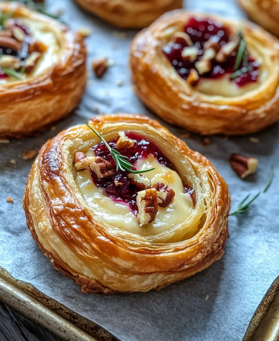 As the holiday season approaches, the air fills with the warmth of family gatherings, festive celebrations, and the delightful aroma of baked goods wafting through homes. Among the array of appetizers that can adorn your holiday table, few are as universally adored as <strong>Cranberry Brie Pastry Swirls</strong>. These mouthwatering bites encapsulate the essence of the season, seamlessly blending the creamy richness of brie cheese with the tangy sweetness of cranberry sauce, all wrapped in a delicate, flaky puff pastry. Whether you are the host of a holiday party or heading to a potluck, these swirls are sure to captivate your guests and leave them craving more.” /></p>
</p>
<h3>Tips on How to Roll Out the Pastry and Evenly Distribute the Filling</h3>
</p>
<p>When it comes to making <strong>Cranberry Brie Pastry Swirls</strong>, one of the most critical steps is rolling out the puff pastry and distributing the filling evenly. Start by lightly flouring your work surface to prevent sticking. Gently unroll the pastry and use a rolling pin to expand it slightly, ensuring it’s about 1/8 inch thick. This thickness is ideal for achieving a flaky texture once baked.</p>
</p>
<p>To evenly distribute the filling, spread a thin layer of cranberry sauce across the pastry, leaving a 1-inch border around the edges. This border is essential as it helps seal the pastry when rolled. Next, place the Brie cheese slices evenly over the cranberry sauce, allowing the rich creaminess to meld with the tartness of the cranberries. Be careful not to overload the pastry, as too much filling can lead to messy swirls that won’t hold their shape during baking.</p>
</p>
<h3>Creating Perfect Swirls</h3>
</p>
<p>Achieving that perfect swirl shape is key to both presentation and textural integrity. Begin rolling the pastry from one end, keeping the roll tight but not overly forceful to avoid tearing the pastry. As you roll, ensure the filling is consistently pushed toward the center, creating a uniform distribution throughout the log. You can use a spatula to help guide the filling back in if it starts to spill out.</p>
</p>
<p>Once the log is completely rolled, pinch the seams lightly to seal and prevent any filling from leaking out during baking. For added security, you can twist the ends of the pastry log slightly, which helps to maintain that iconic swirl shape.</p>
</p>
<h3>The Art of Slicing</h3>
</p>
<p>Slicing the log into individual swirls without squishing the filling can be a bit tricky but is essential for maintaining the integrity of each piece. Utilize a sharp serrated knife or a pastry cutter for the cleanest cut. Instead of pressing down, use a gentle sawing motion to avoid compressing the layers. Aim for about 1-inch slices; this size is perfect for appetizers and ensures each piece has a delightful balance of cranberry and Brie.</p>
</p>
<p>For an even more refined look, consider chilling the rolled log in the fridge for about 15 to 30 minutes before slicing. Chilling firms up the pastry, making it easier to handle and slice without compromising the filling.</p>
</p>
<h3>Applying the Egg Wash</h3>
</p>
<p>The egg wash is a crucial step in the preparation of your Cranberry Brie Pastry Swirls. To make the egg wash, simply whisk together one egg with a tablespoon of water until fully combined. This mixture will give your pastries a beautiful golden-brown finish as they bake.</p>
</p>
<p>Using a pastry brush, lightly coat the tops of the swirls with the egg wash just before baking. This not only enhances the visual appeal but also contributes to a slightly crispy texture on the outside. Be sure to apply the wash gently to avoid disturbing the layers of pastry.</p>
</p>
<h3>Baking to Perfection</h3>
</p>
<p>Baking your Cranberry Brie Pastry Swirls to perfection involves a bit of timing and temperature management. Preheat your oven to 400°F (200°C) to ensure that the pastry puffs up beautifully. Line a baking sheet with parchment paper to prevent sticking and allow for even browning.</p>
</p>
<p>Arrange your swirls on the baking sheet, leaving some space between each piece to allow for expansion as they bake. Bake for 18 to 22 minutes, or until they are golden brown and puffed up. Keep an eye on them towards the end of the baking time, as ovens can vary. The ideal puff will be flaky and light, with a rich, golden hue.</p>
</p>
<h3>Serving Suggestions</h3>
</p>
<p>Presenting your Cranberry Brie Pastry Swirls beautifully can elevate your appetizer game. Arrange the swirls on a large platter and consider garnishing with fresh herbs such as rosemary or thyme for a pop of color and an aromatic touch. Providing a small bowl of additional cranberry sauce on the side allows guests to customize their experience, enhancing the tart flavor of the dish.</p>
</p>
<p>For added elegance, serve the swirls alongside a selection of cured meats, nuts, and seasonal fruits. This not only complements the flavors but also creates a visually appealing charcuterie-style presentation that is perfect for holiday gatherings.</p>
</p>
<h3>Pairing Beverages with Your Appetizers</h3>
</p>
<p>When it comes to pairing beverages with your Cranberry Brie Pastry Swirls, consider options that complement the rich and tangy flavors of the dish. A sparkling wine, such as Prosecco or Champagne, pairs exceptionally well, as the effervescence cuts through the richness of the Brie while accentuating the tartness of the cranberry.</p>
</p>
<p>For those who prefer cocktails, a light gin and tonic with fresh herbs or a fruity spritz can enhance the flavors beautifully. If you’re looking for a non-alcoholic option, consider serving a cranberry spritzer made with cranberry juice, club soda, and a twist of lime for a refreshing touch.</p>
</p>
<h3>Why Cranberry Brie Pastry Swirls Are a Must-Try</h3>
</p>
<p>Cranberry Brie Pastry Swirls have gained immense popularity, especially during holiday gatherings, because they embody the essence of festive cooking. Their beautiful presentation, combined with the delightful contrast of flavors and textures, makes them a crowd-pleaser at any event. The balance of creamy Brie and tart cranberry sauce wrapped in flaky pastry captures the spirit of the season, making them a must-try for both seasoned hosts and novice cooks alike.</p>
</p>
<p>Moreover, their ease of preparation means that even those who may not have extensive culinary experience can impress their guests with a gourmet-style appetizer that looks and tastes exquisite.</p>
</p>
<h3>Versatility of Cranberry Brie Pastry Swirls</h3>
</p>
<p>One of the remarkable aspects of Cranberry Brie Pastry Swirls is their versatility. While the classic combination of cranberry and Brie is undeniably delicious, there are numerous variations that can cater to different occasions or dietary preferences. For example, consider swapping out the Brie for goat cheese or blue cheese for a different flavor profile.</p>
</p>
<p>You can also experiment with various fruit preserves, such as fig or apricot, which can pair beautifully with the cheese. For those looking to add a bit of spice, incorporating crushed red pepper flakes into the filling can provide a delightful kick.</p>
</p>
<h3>Creating a Vegetarian Version</h3>
</p>
<p>For a vegetarian-friendly version of your Cranberry Brie Pastry Swirls, simply ensure that the Brie cheese you select is made without animal rennet, which is sometimes present in certain cheeses. This small adjustment allows you to cater to vegetarian guests without sacrificing flavor.</p>
</p>
<p>You can also enhance your filling by adding ingredients such as chopped nuts, like pecans or walnuts, which provide a satisfying crunch and additional flavor complexity.</p>
</p>
<h3>Conclusion</h3>
</p>
<p>Cranberry Brie Pastry Swirls embody the essence of festive cooking—delicious, visually appealing, and easy to prepare. With their perfect balance of flavors and textures, they serve as an excellent starter or snack for any holiday gathering. By following the detailed instructions and understanding the ingredients, you can create a dish that not only satisfies your taste buds but also showcases your culinary skills. Enjoy the process of making these delightful swirls, and watch them disappear in no time as your guests savor each bite.</p>
</div>