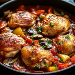 Rustic Chicken Cacciatore is a classic Italian dish that brings warmth and comfort to any dining table. This beloved recipe is a staple in Italian households, revered for its rich flavors and hearty ingredients. At its core, this dish features tender chicken thighs that are expertly simmered in a robust tomato sauce, enriched with vibrant bell peppers, earthy mushrooms, and aromatic herbs. The result is a deeply satisfying meal that evokes the essence of rustic Italian cooking, making it the perfect choice for both weeknight dinners and special gatherings.