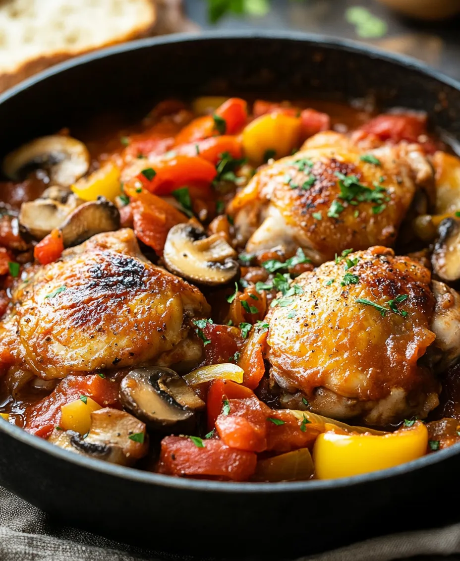 Rustic Chicken Cacciatore is a classic Italian dish that brings warmth and comfort to any dining table. This beloved recipe is a staple in Italian households, revered for its rich flavors and hearty ingredients. At its core, this dish features tender chicken thighs that are expertly simmered in a robust tomato sauce, enriched with vibrant bell peppers, earthy mushrooms, and aromatic herbs. The result is a deeply satisfying meal that evokes the essence of rustic Italian cooking, making it the perfect choice for both weeknight dinners and special gatherings.