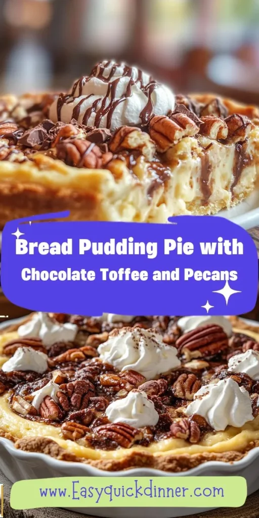 Discover delicious homemade dessert ideas that are both nutritious and satisfying! This Bread Pudding Pie with Chocolate Toffee and Pecans is an easy cake recipe that transforms leftover bread into a gourmet treat. Perfect for any occasion, check out more at therecipes. HomemadeDesserts EasyCakeRecipes BreadPudding SustainableCooking ChocolateToffee HealthyEating ComfortFood