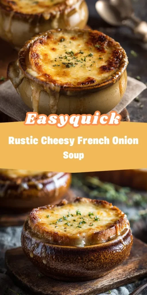 Experience the comforting allure of a Rustic Cheesy French Onion Soup, where sweet caramelized onions meld with rich broths for a flavor thats simply irresistible. Topped with herbed croutons and a gooey blend of Gruy&egrave;re and mozzarella, each bite warms the soul. Try this delightful recipe at simpleeats and elevate your dining experience! FrenchOnionSoup ComfortFood CheesyDelight HomemadeSoup CozyEats Foodie RecipeIdeas