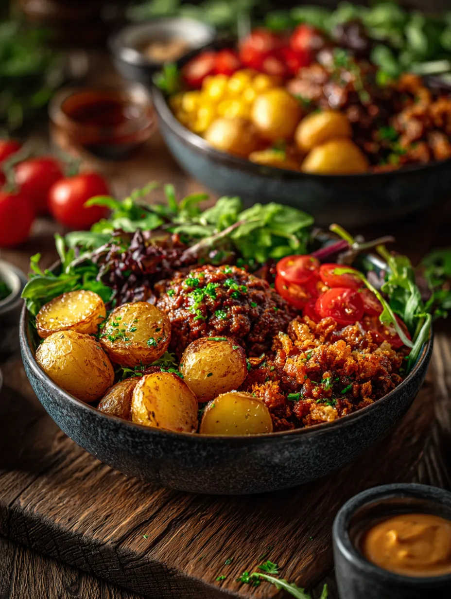 Elevate your mealtime with these flavorful Burger Bowls featuring crispy potatoes that add a satisfying crunch to every bite. Layered with seasoned ground beef or a plant-based alternative, fresh greens, and a zesty dressing, this dish transforms ordinary ingredients into a vibrant culinary experience. Check out epiceats for more creative recipes like these! BurgerBowls CrispyPotatoes HealthyEating MealPrep Foodie HomeCooking FlavorfulEats