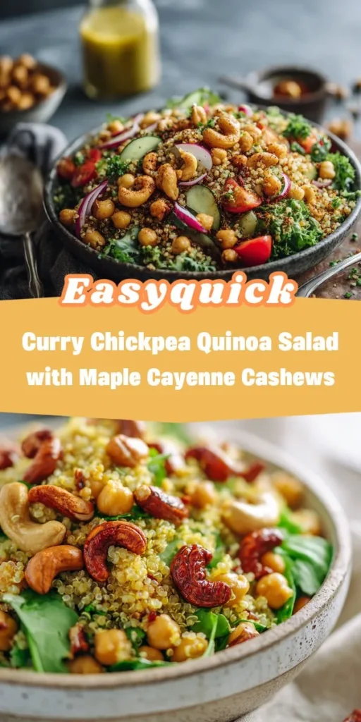 This protein-packed lunch is perfect for meal prep for work! Toss together quinoa, chickpeas, and fresh veggies with a zesty dressing, then top it off with maple cayenne cashews for an extra crunch. Q