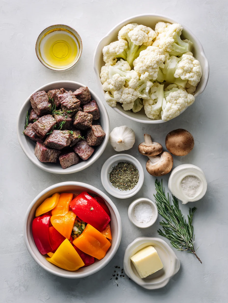 Ingredients for Garlic Butter Steak Bites with Roasted Veggies